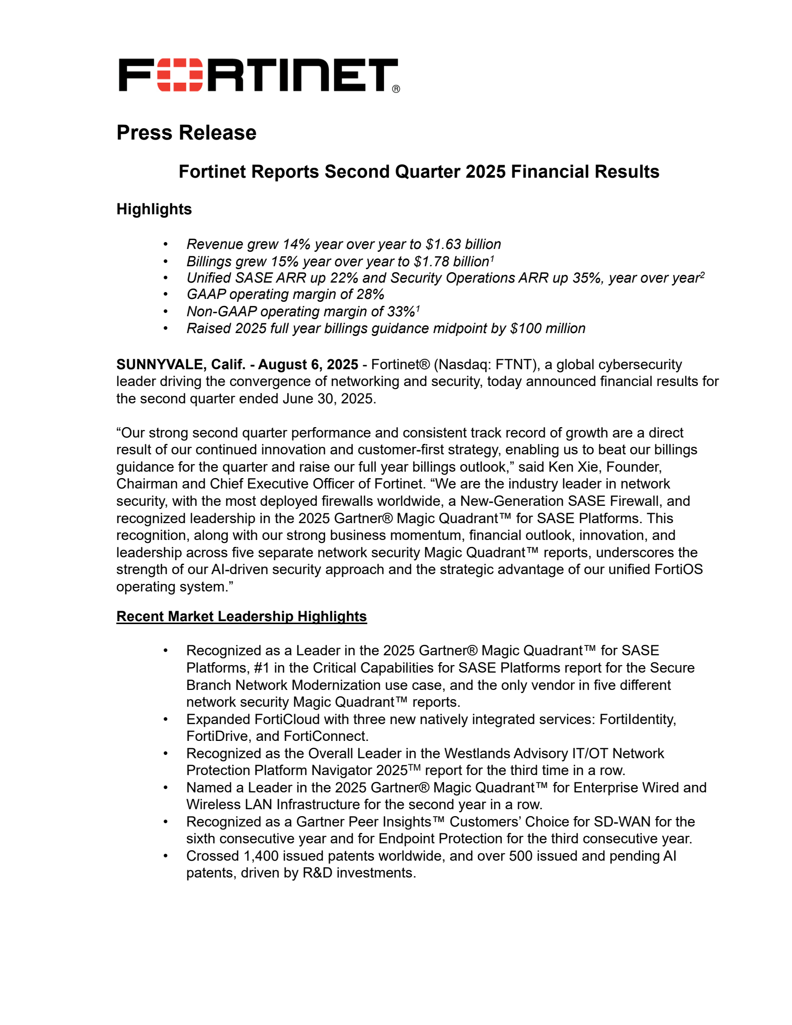 Fortinet's Q2 2025 Press Release