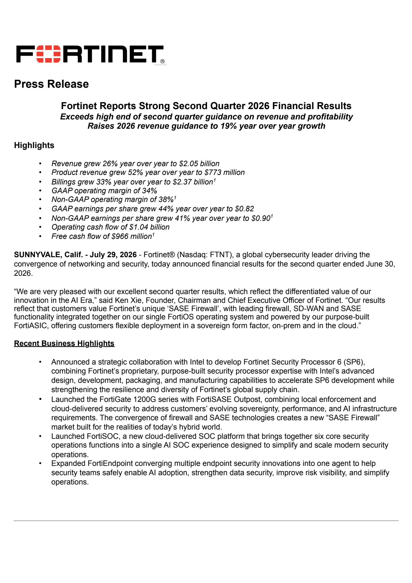 Fortinet's Q2 2026 Press Release