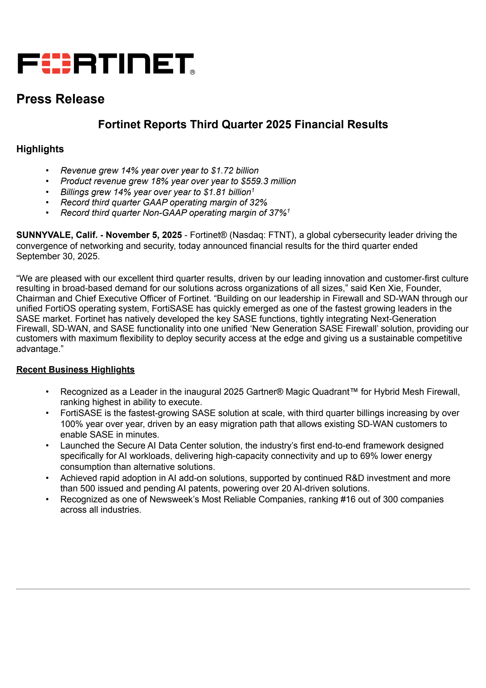 Fortinet's Q3 2025 Earnings Release