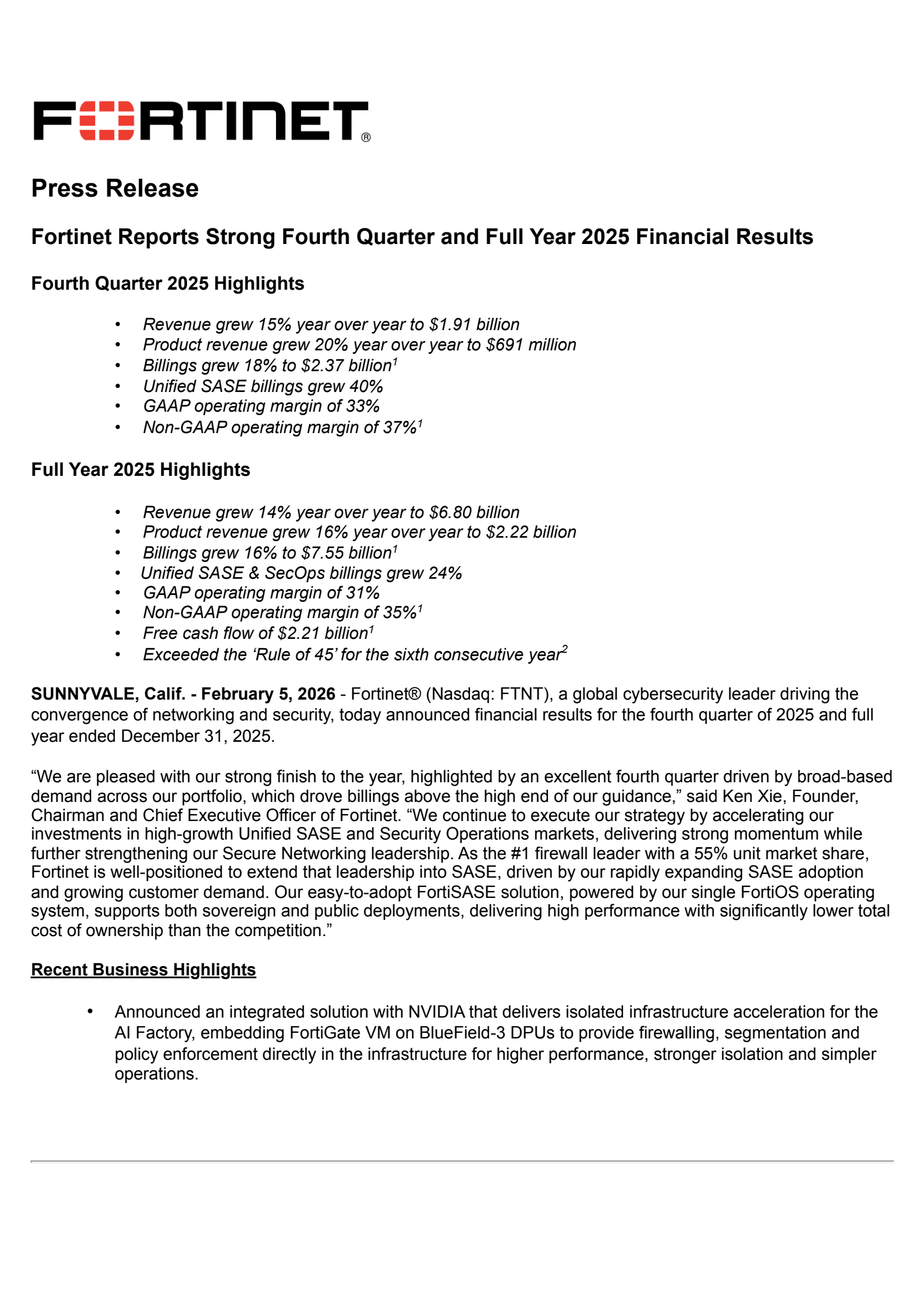 Fortinet's Q4 2025 Press Release