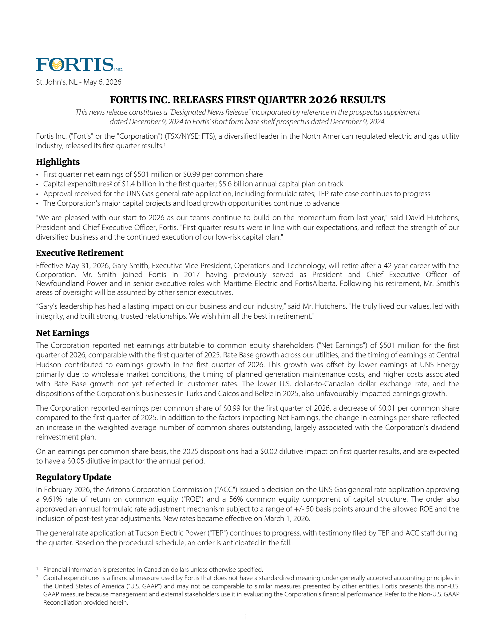 Fortis' Q1 2026 Press Release
