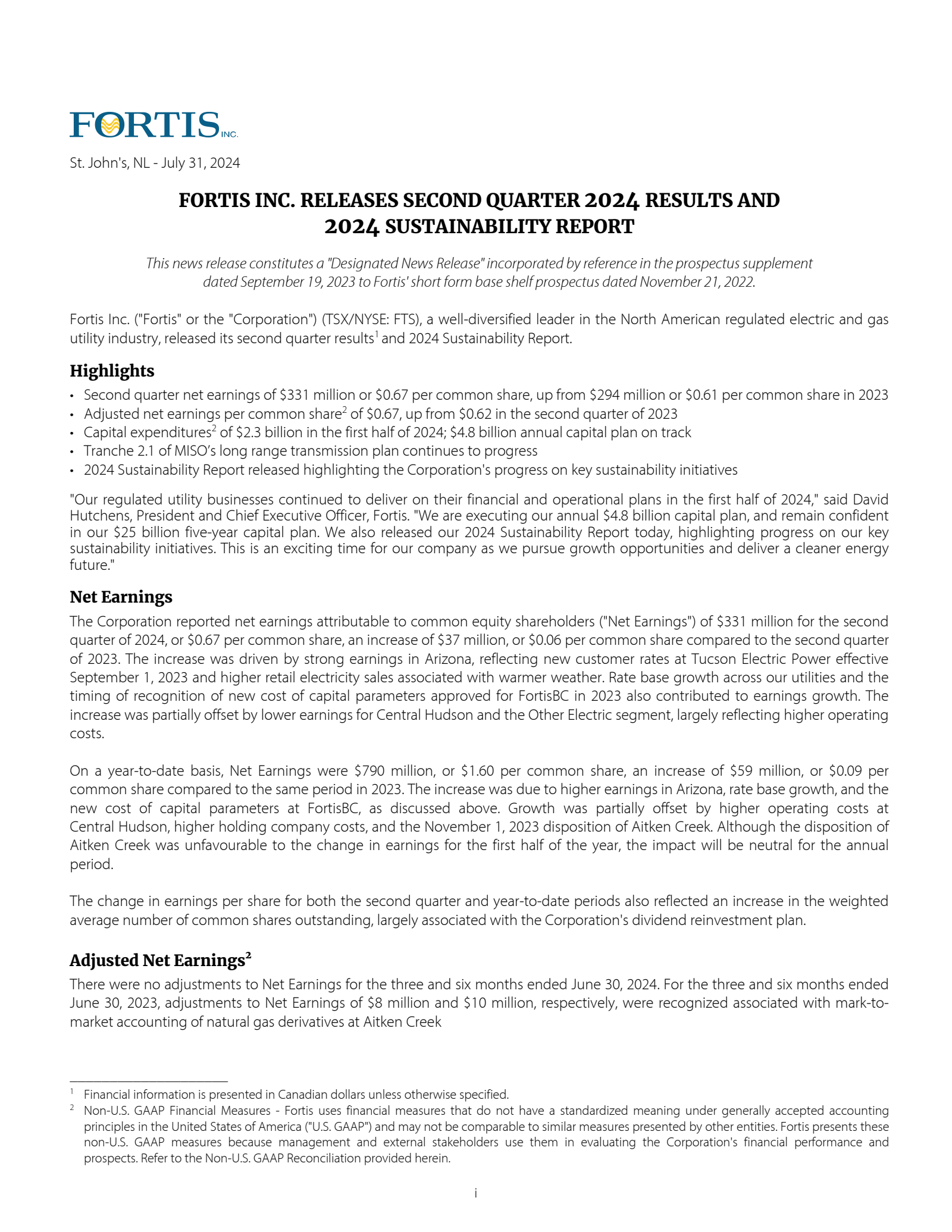 Fortis' Q2 2024 Interim report
