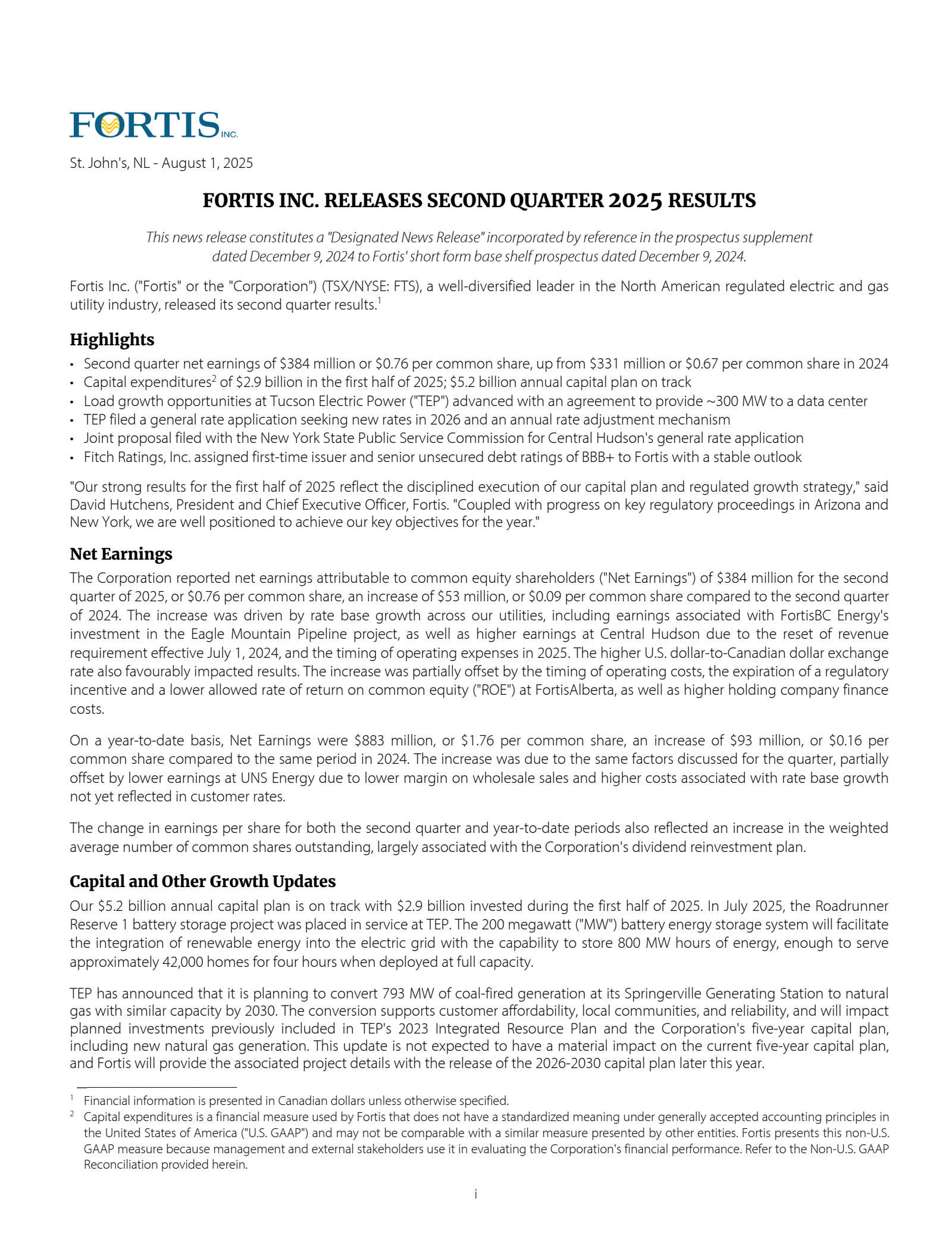 Fortis' Q2 2025 Press Release