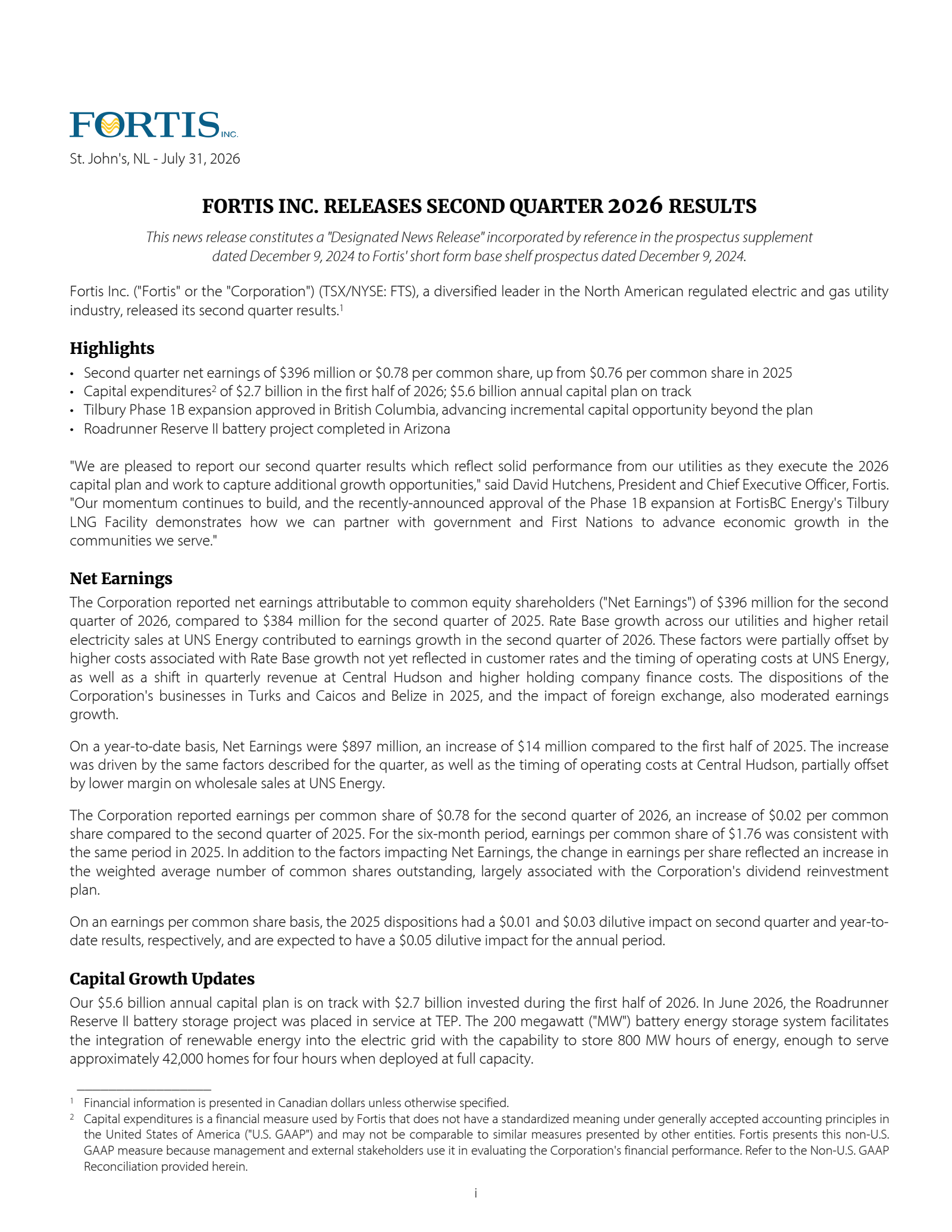 Fortis' Q2 2026 Interim report