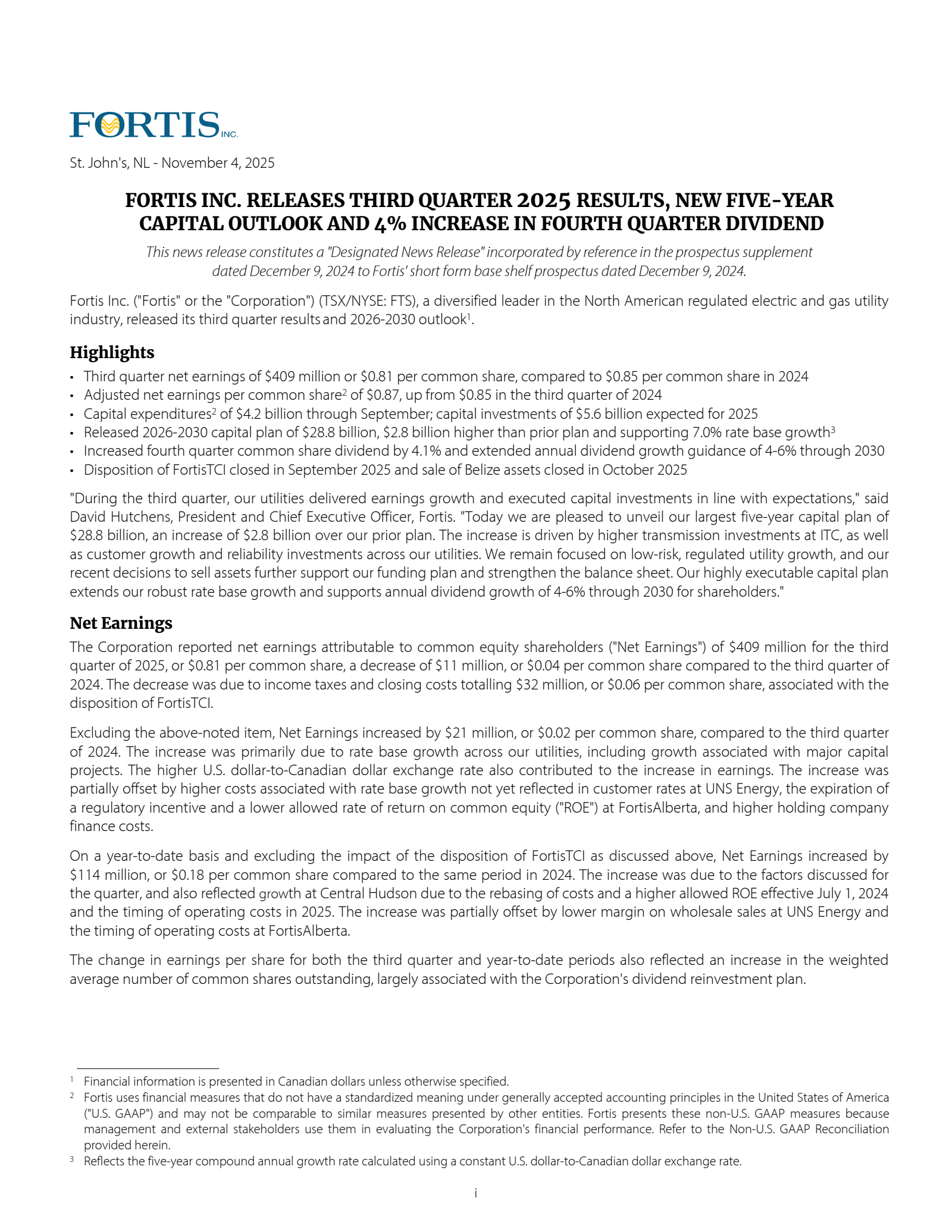 Fortis' Q3 2025 Earnings Release