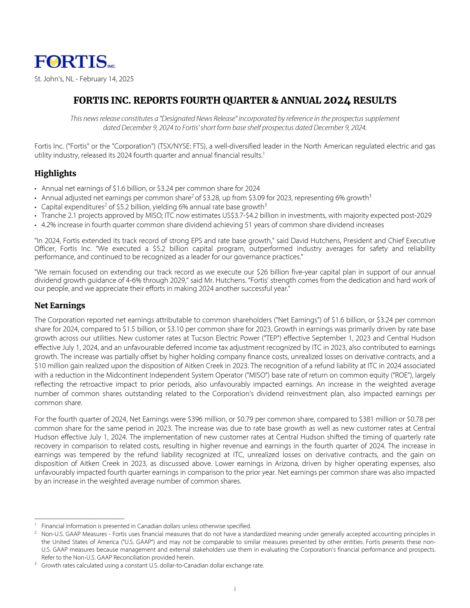 Fortis' Q4 2024 Annual report