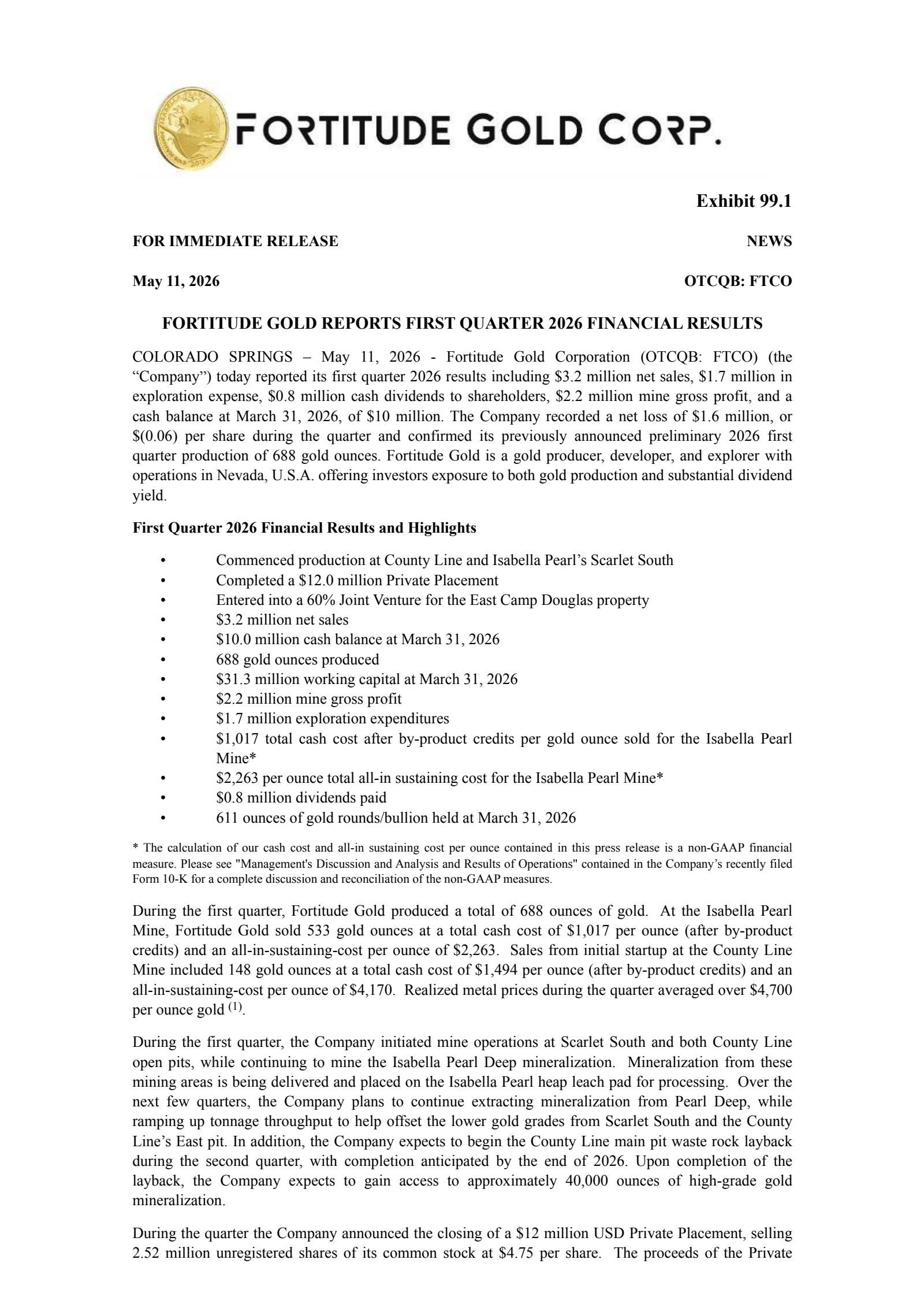 Fortitude Gold's Q1 2026 Press Release