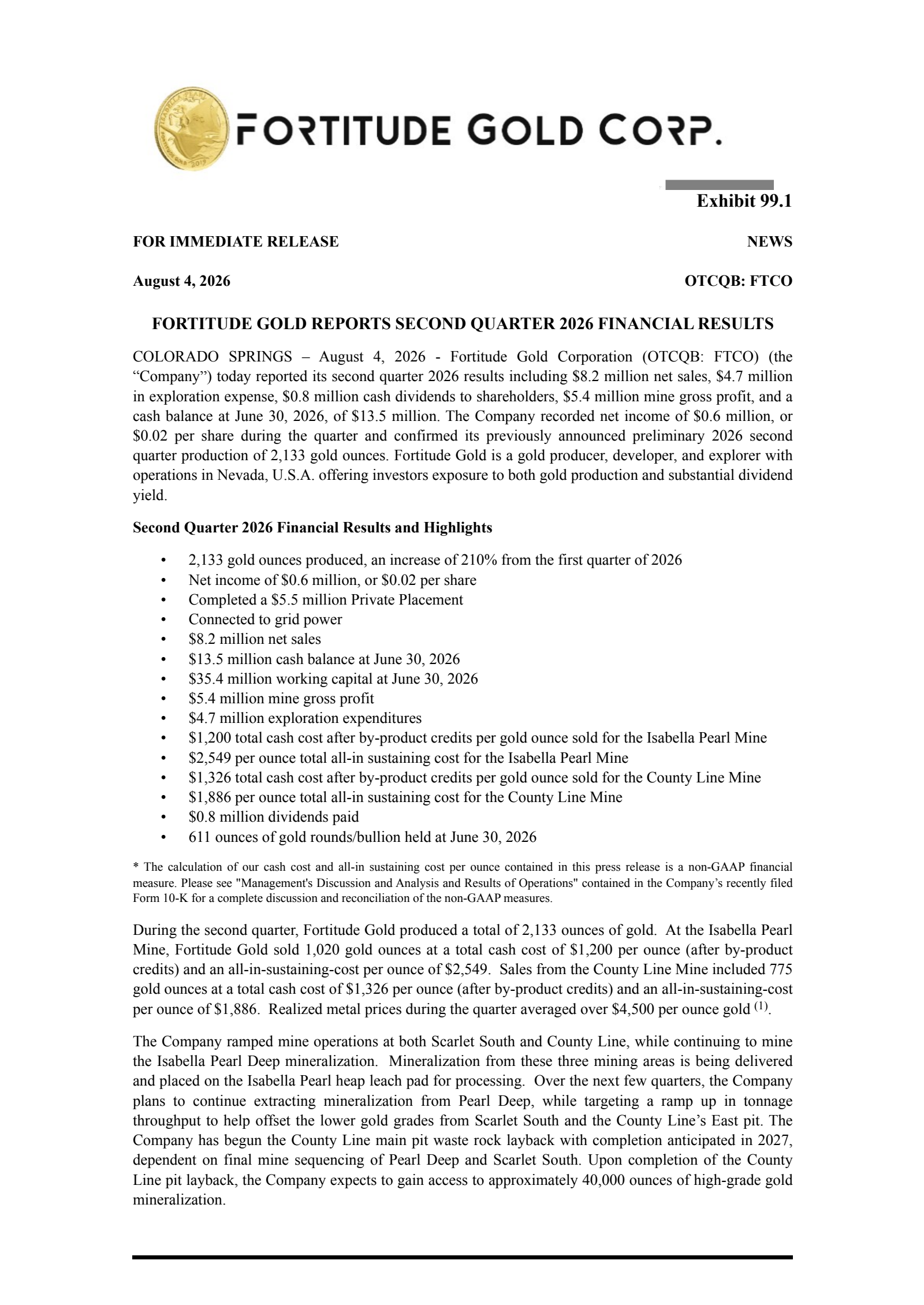 Fortitude Gold's Q2 2026 Press Release