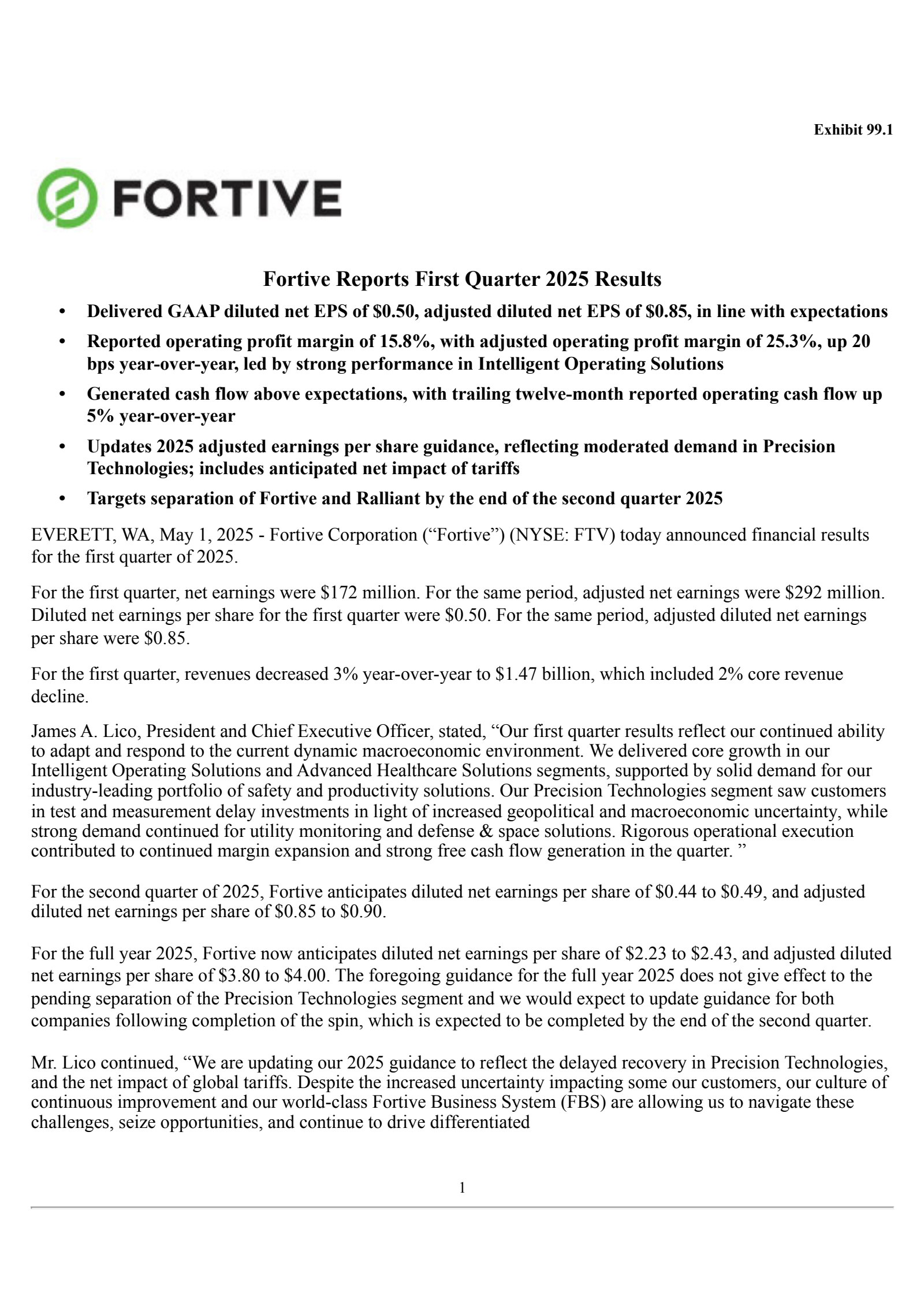 Fortive's Q1 2025 Press Release