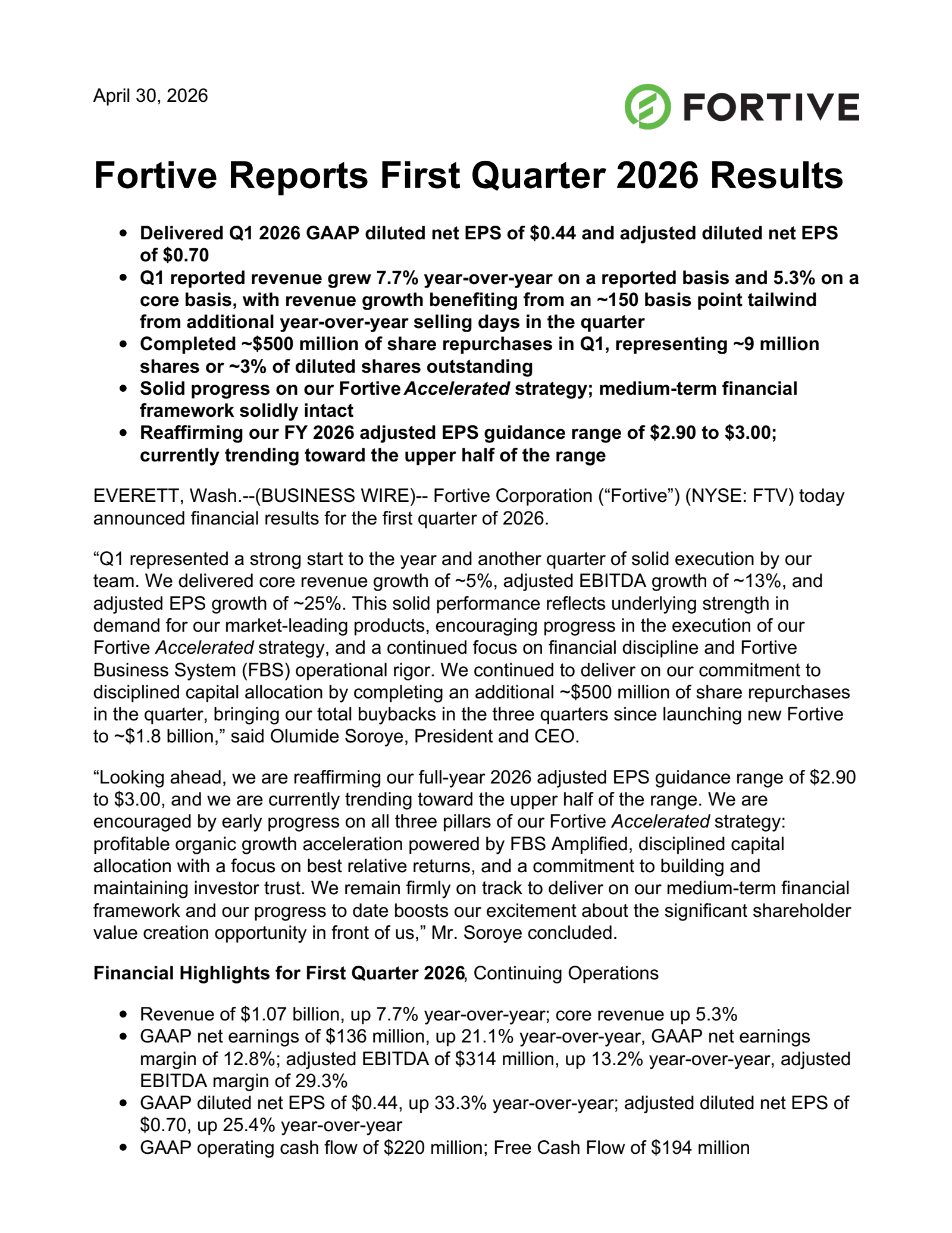 Fortive's Q1 2026 Press Release
