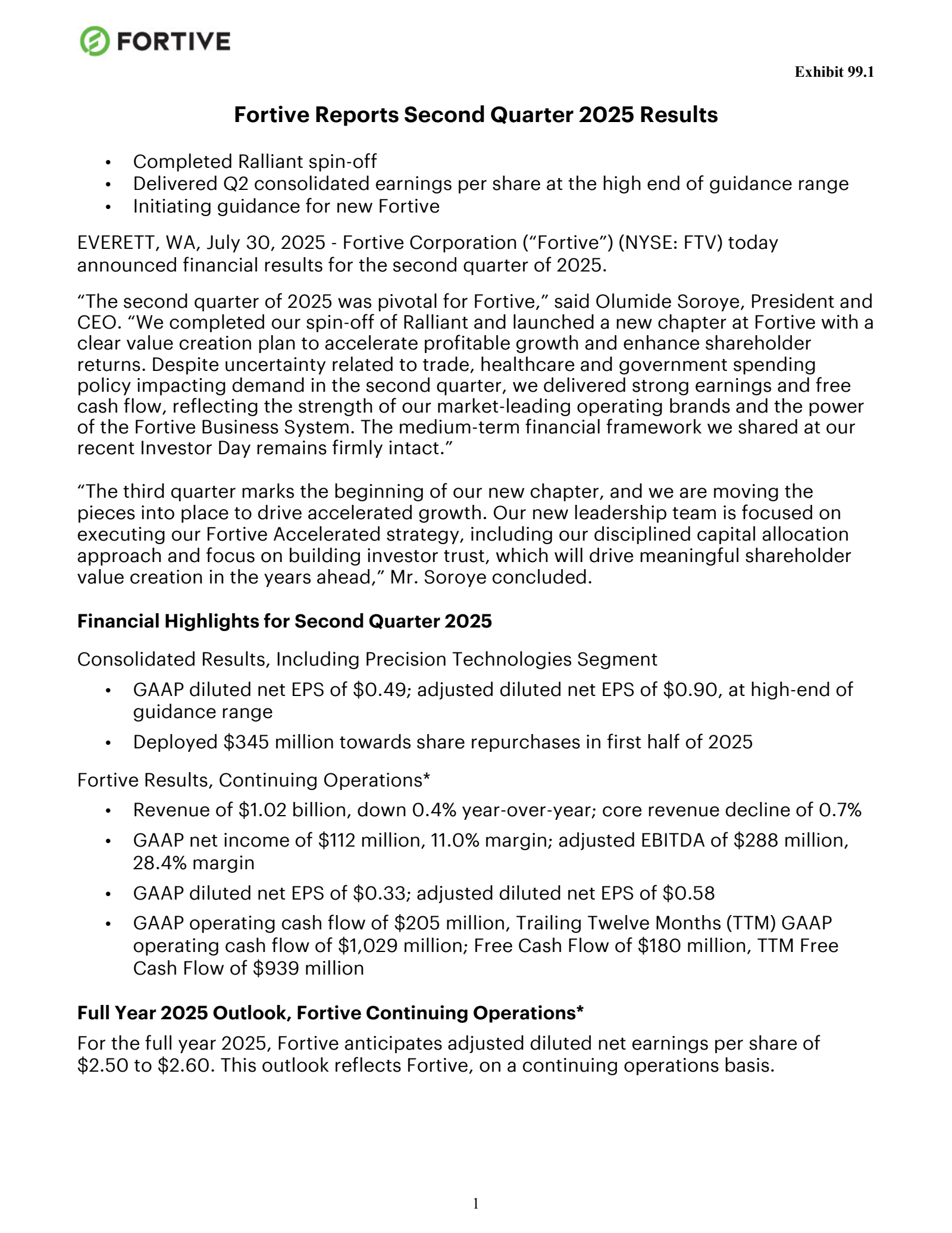 Fortive's Q2 2025 Press Release