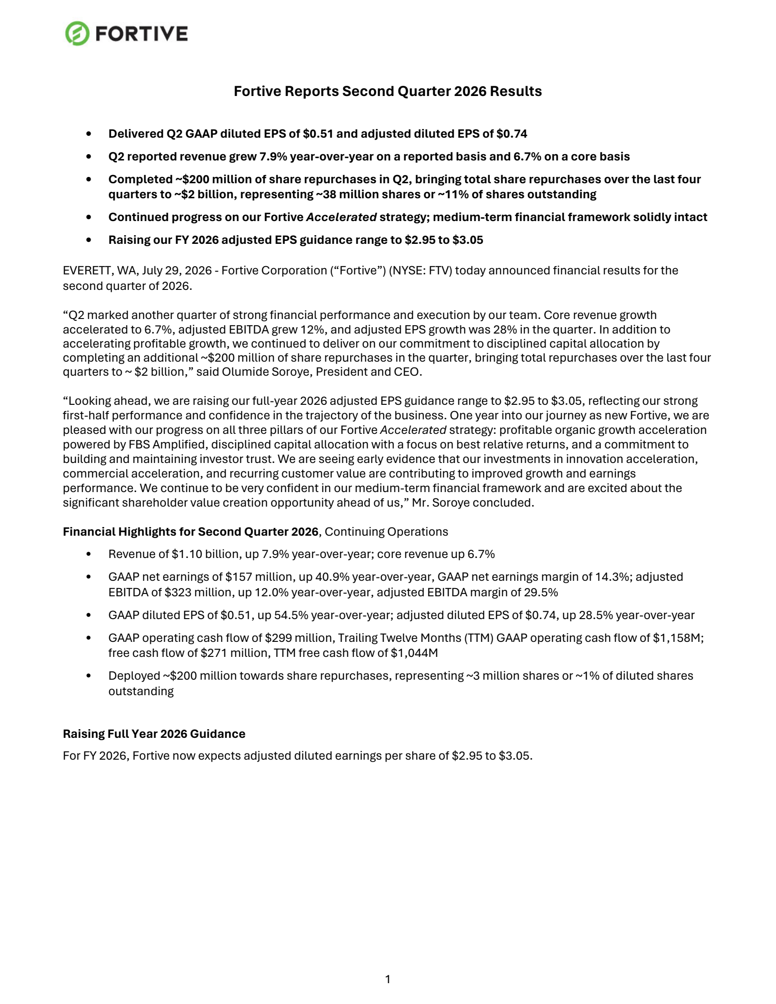 Fortive's Q2 2026 Press Release