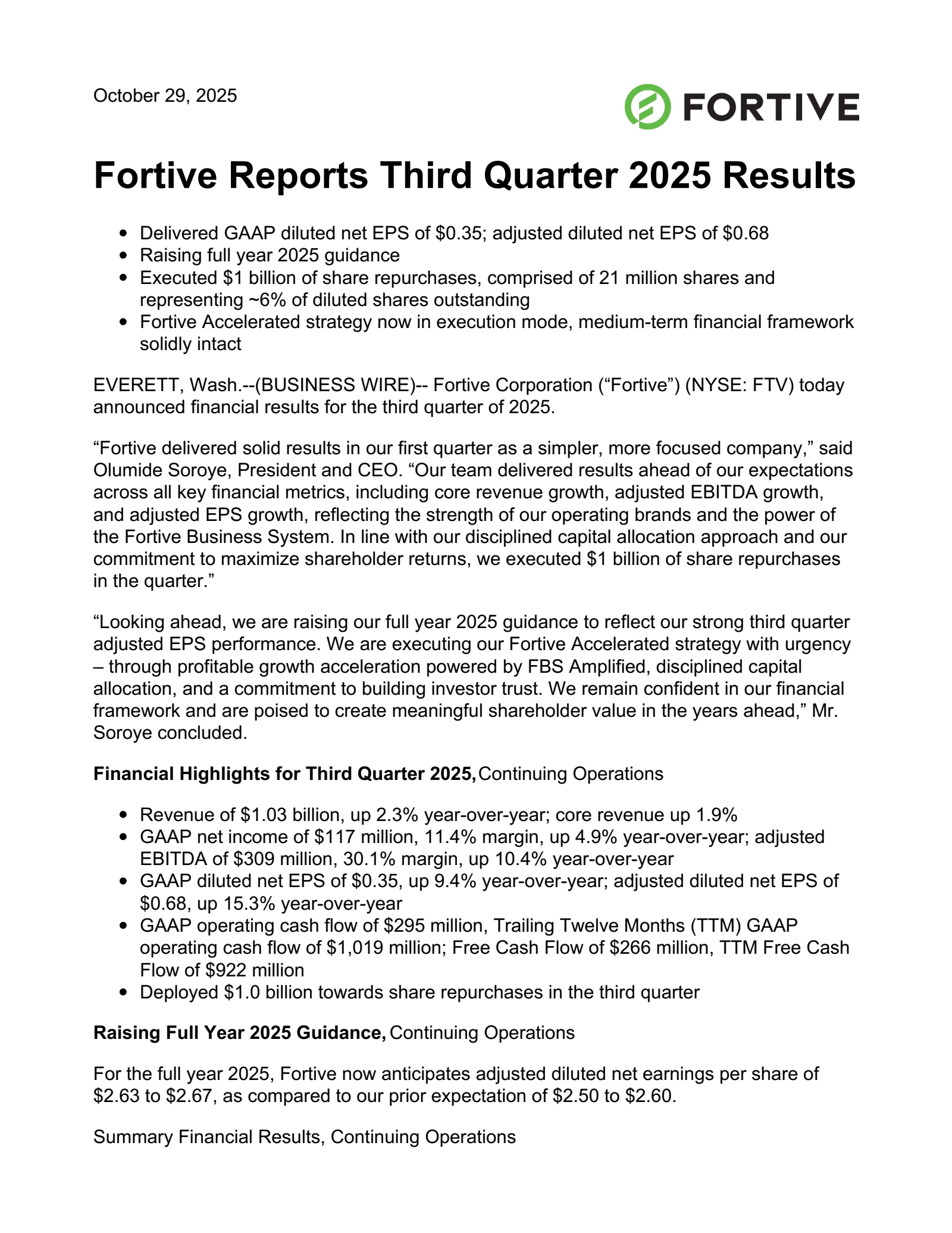 Fortive's Q3 2025 Earnings Release