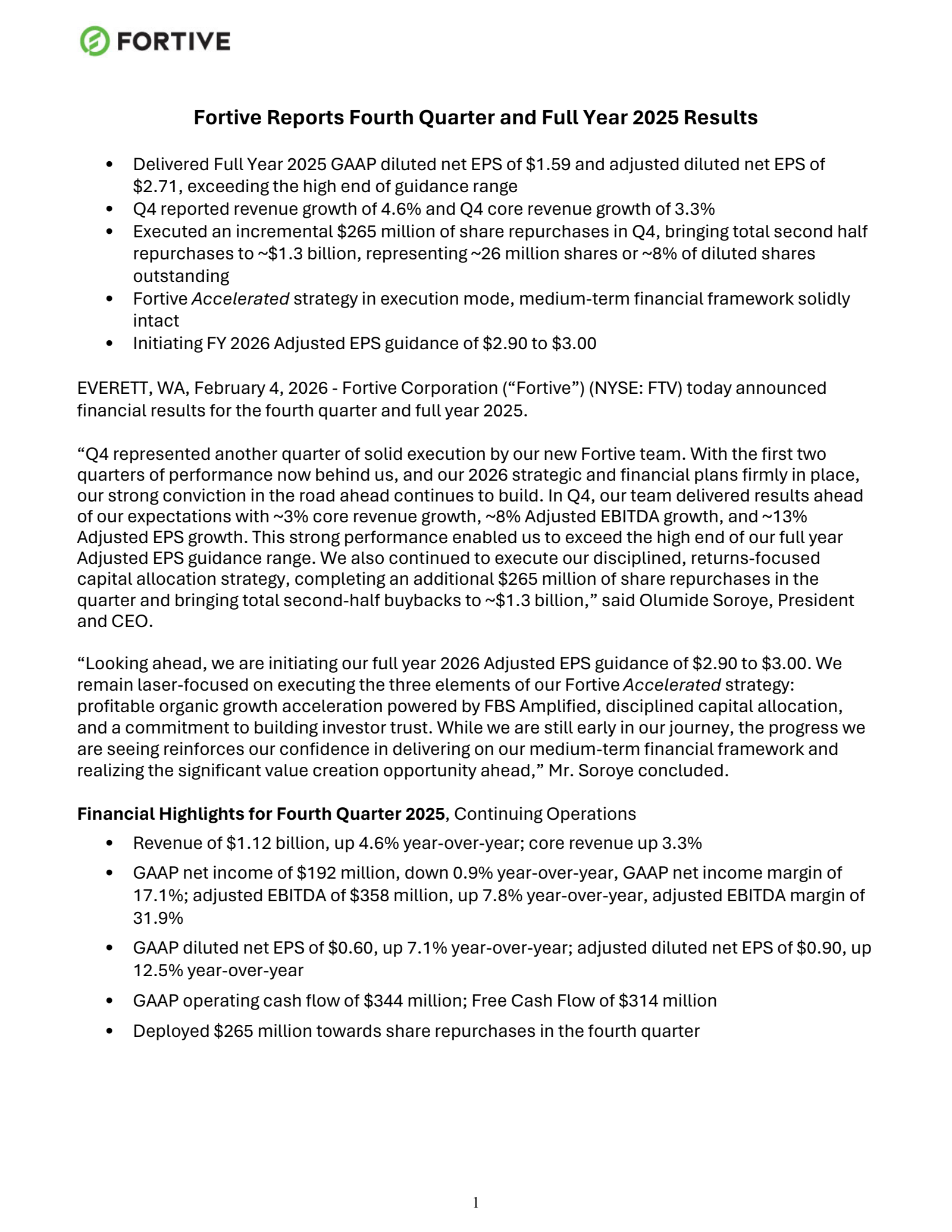 Fortive's Q4 2025 Press Release