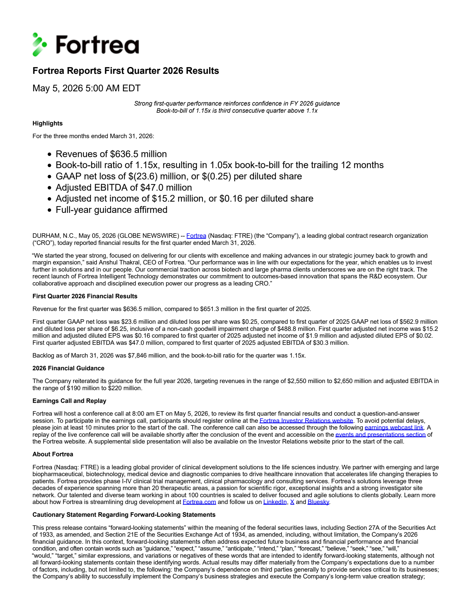 Fortrea's Q1 2026 Press Release