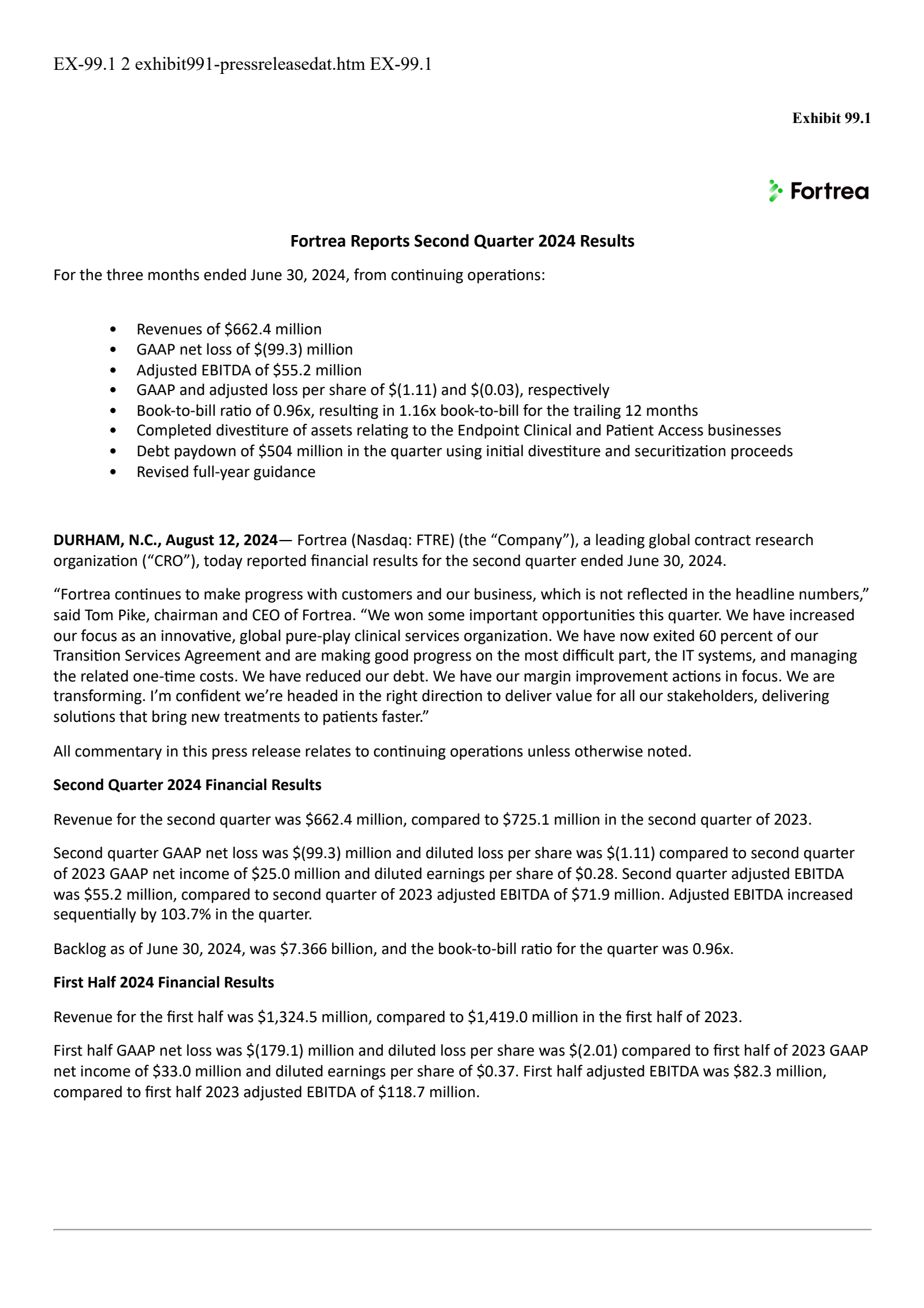 Fortrea's Q2 2024 Press Release