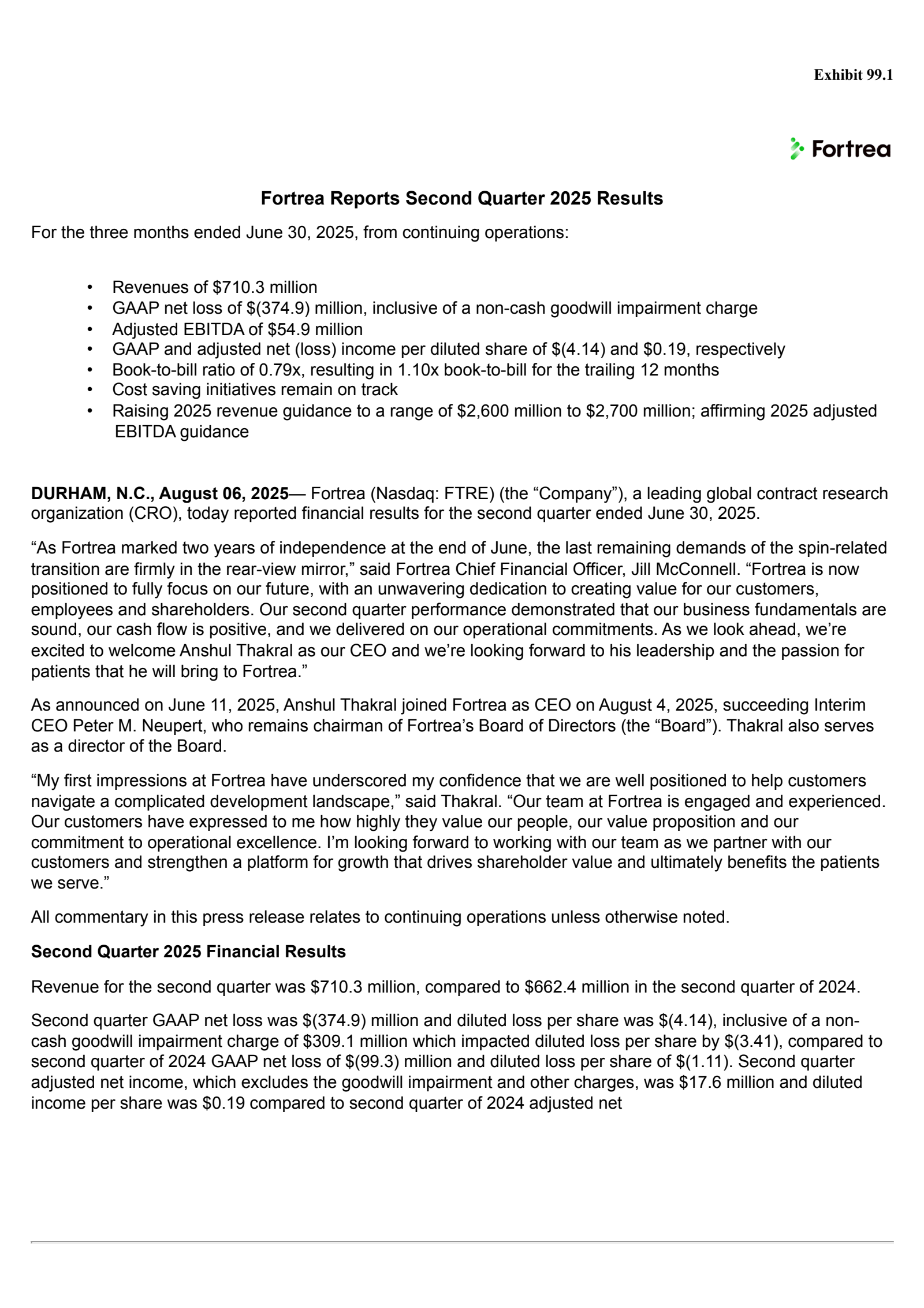 Fortrea's Q2 2025 Press Release