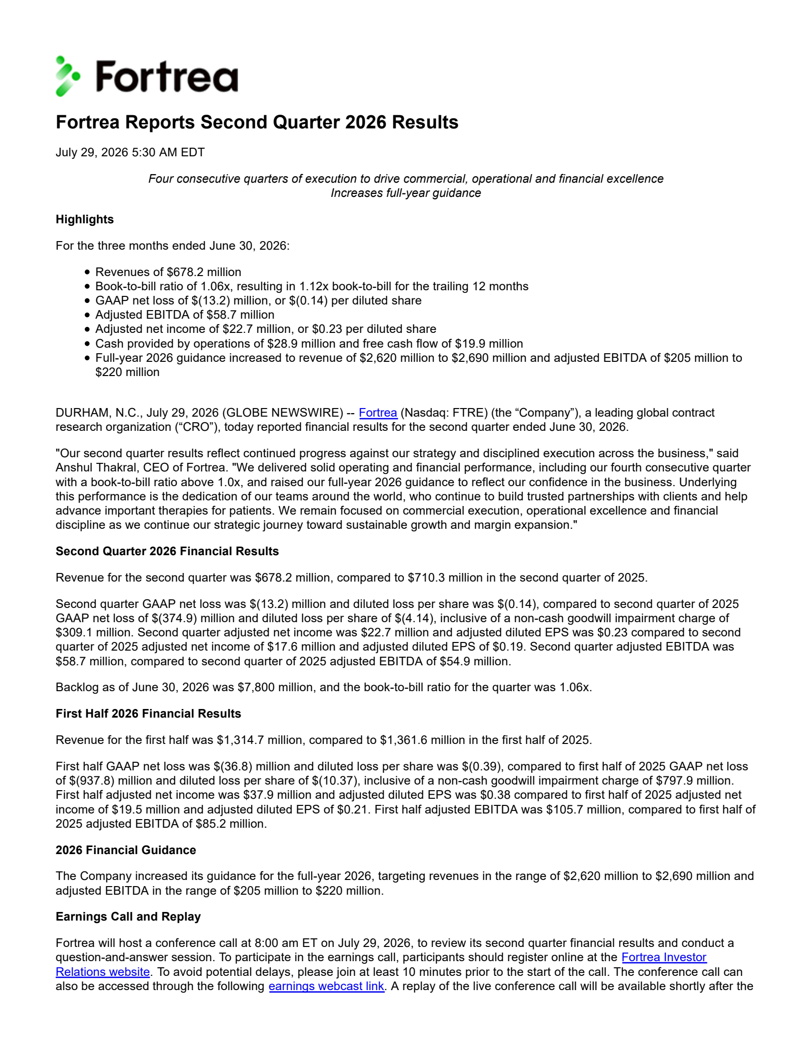 Fortrea's Q2 2026 Press Release
