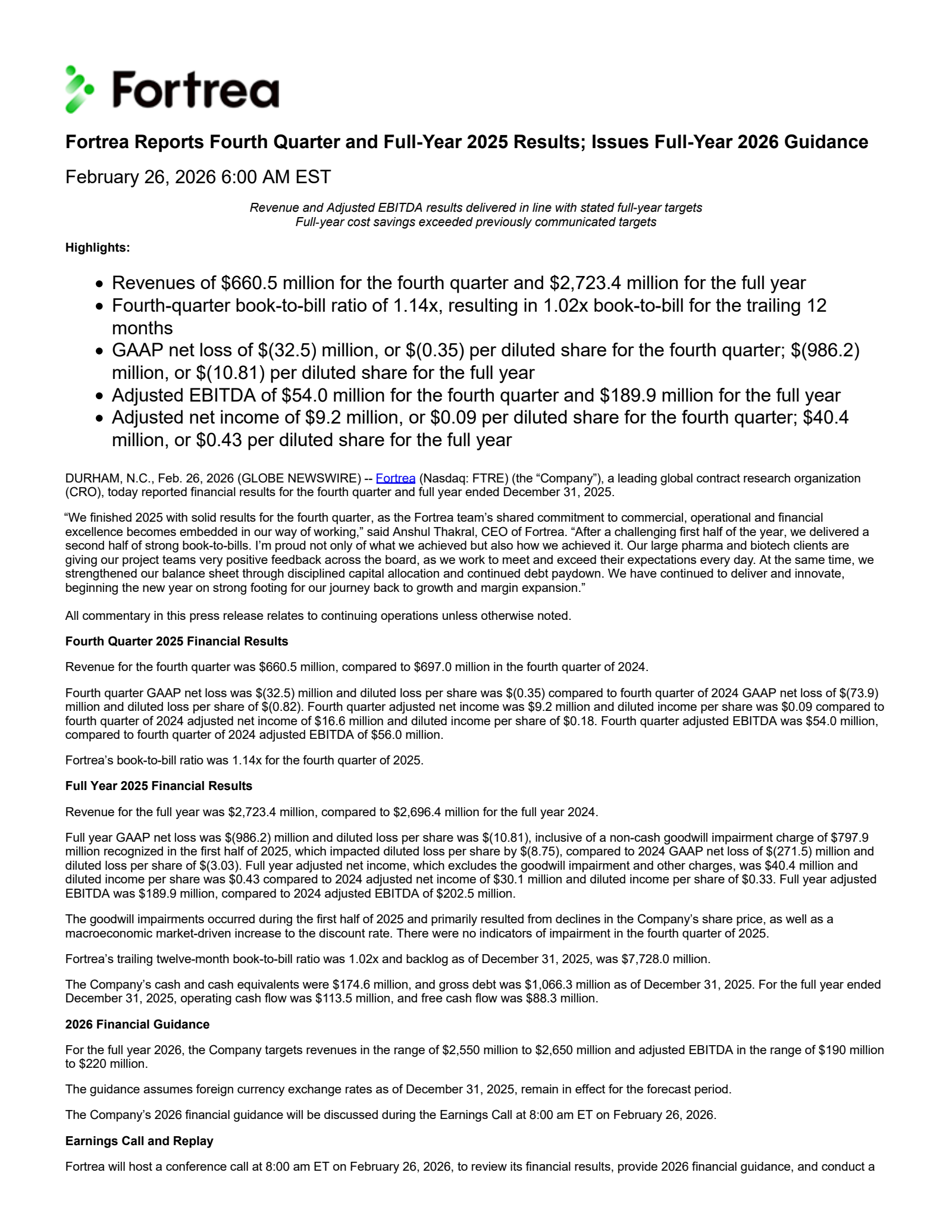 Fortrea's Q4 2025 Press Release