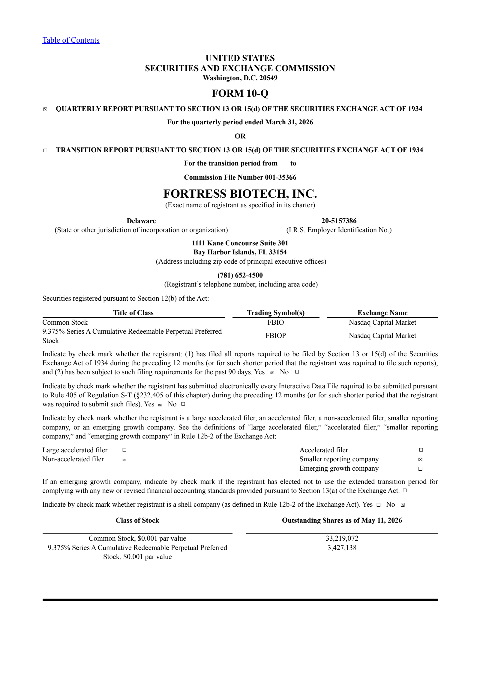 Fortress Biotech's Q1 2026 Quarterly report