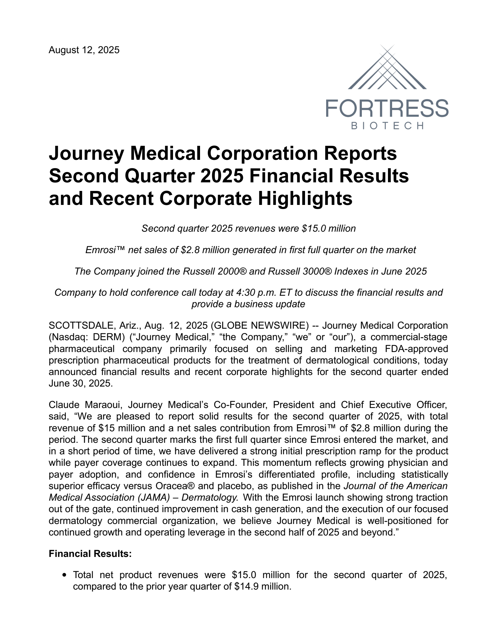 Fortress Biotech's Q2 2025 Press Release
