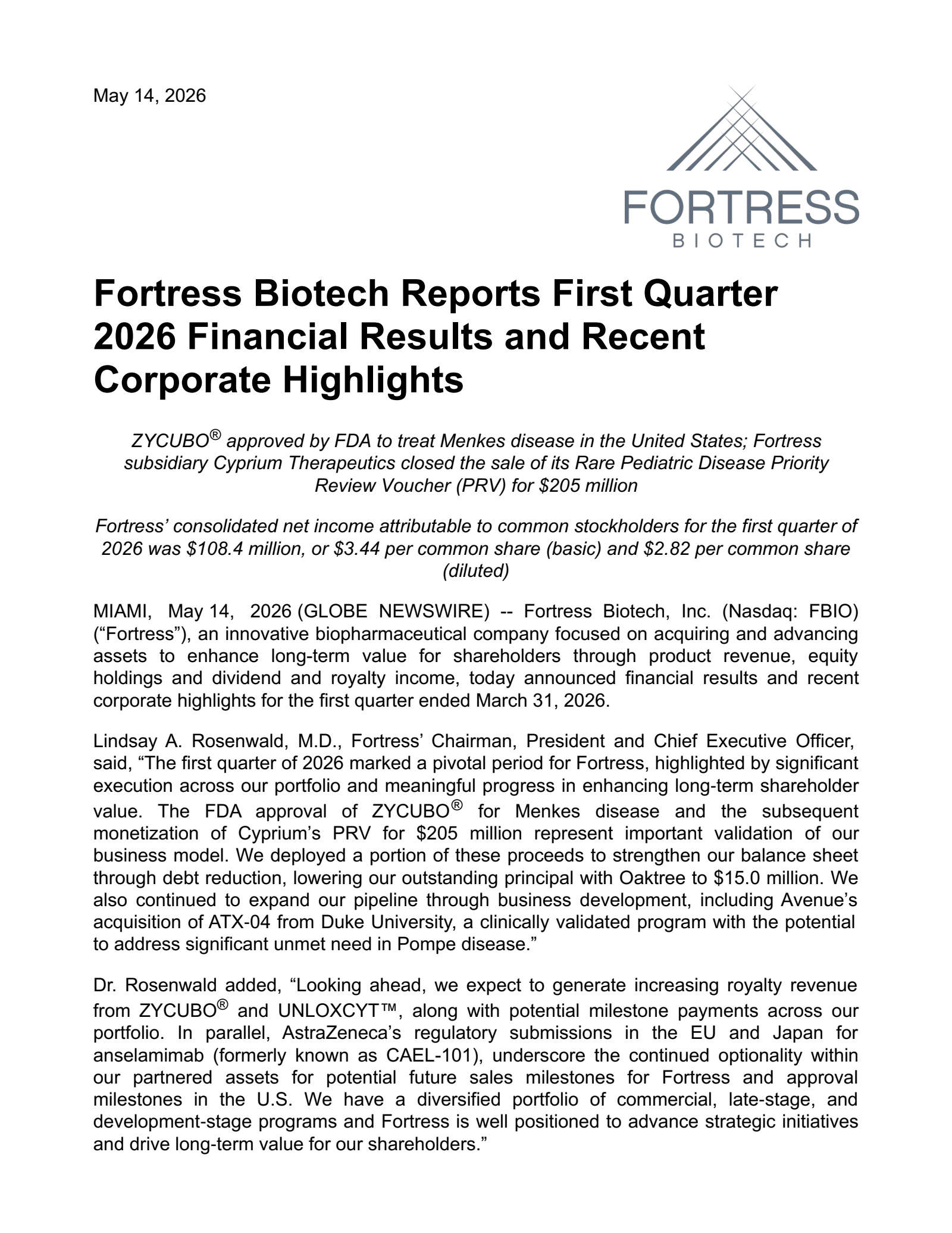 Fortress Biotech's Q2 2026 Press Release