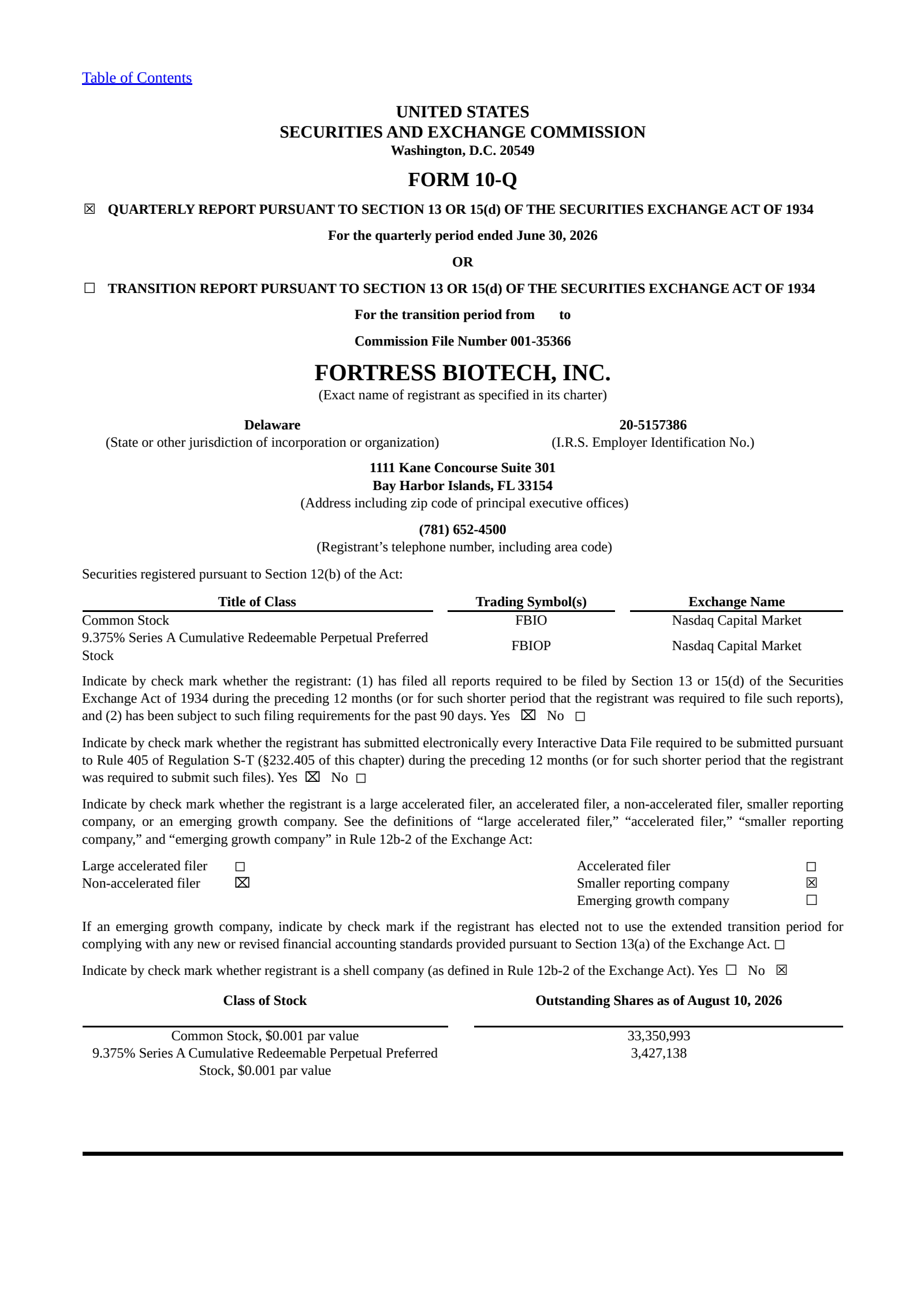 Fortress Biotech's Q2 2026 Quarterly report