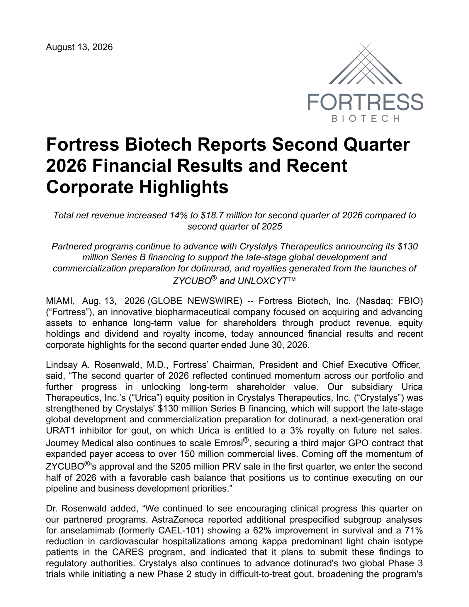 Fortress Biotech's Q2 2026 Press Release
