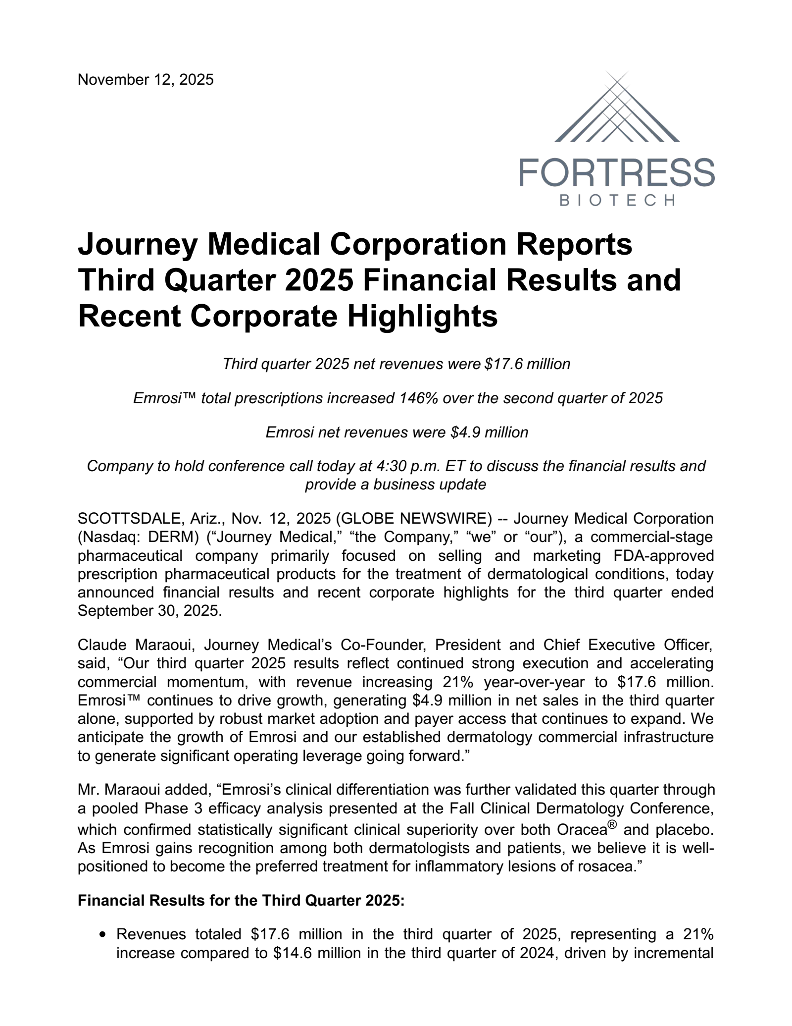 Fortress Biotech's Q3 2025 Earnings Release