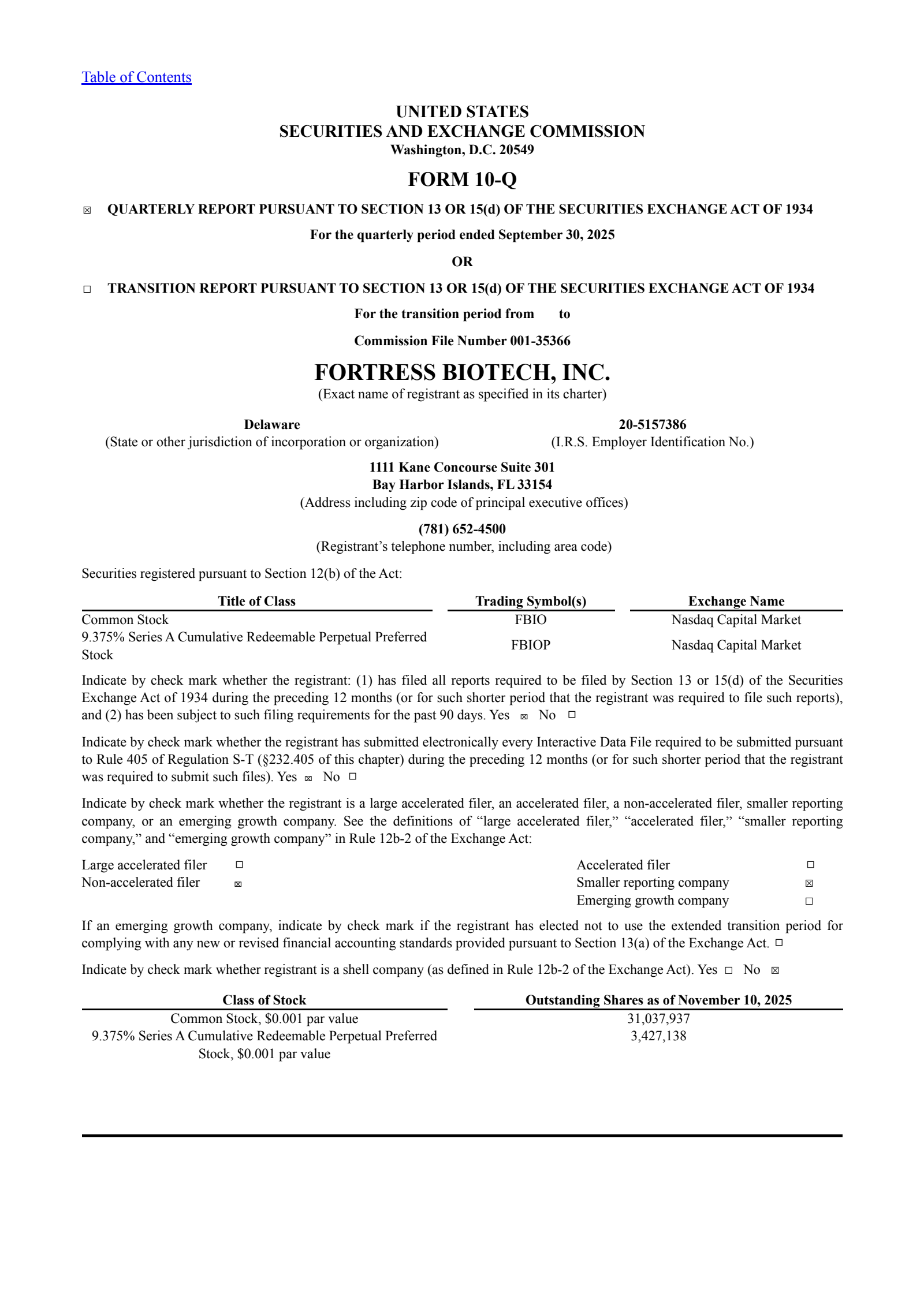 Fortress Biotech's Q3 2025 Quarterly Report