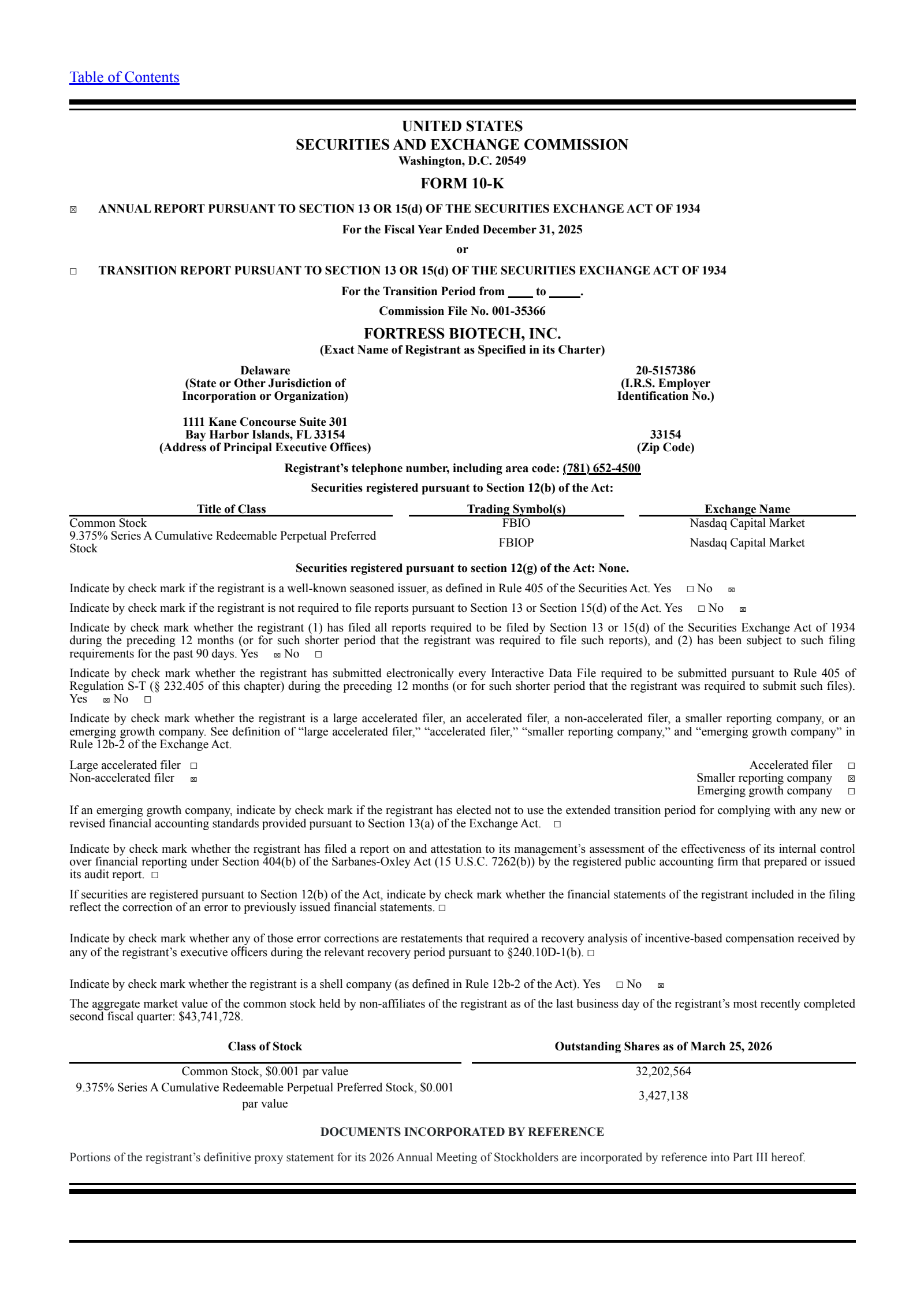Fortress Biotech's Q4 2025 Press Release