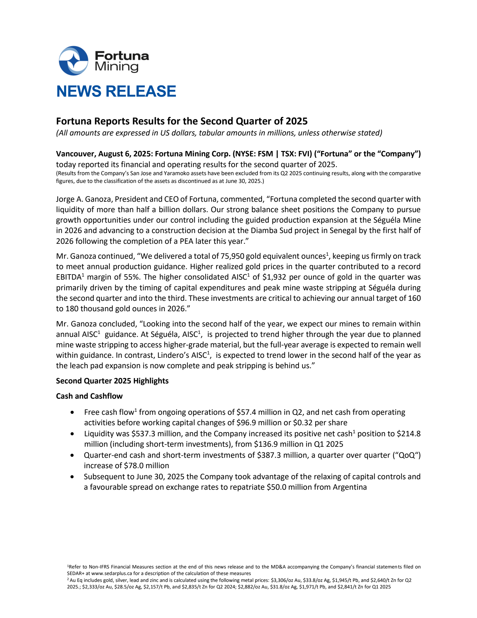 Fortuna Mining's Q2 2025 Press Release
