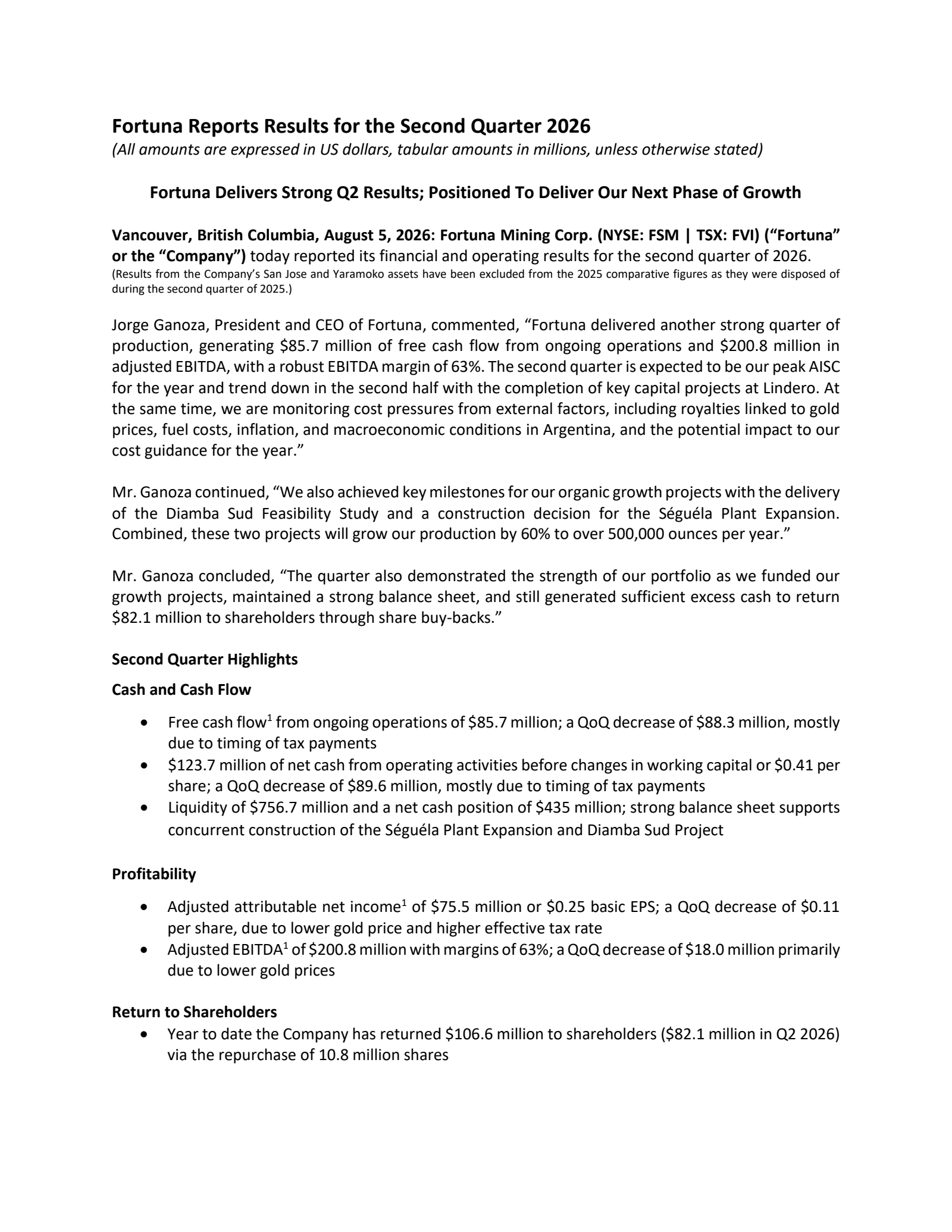 Fortuna Mining's Q2 2026 Press Release