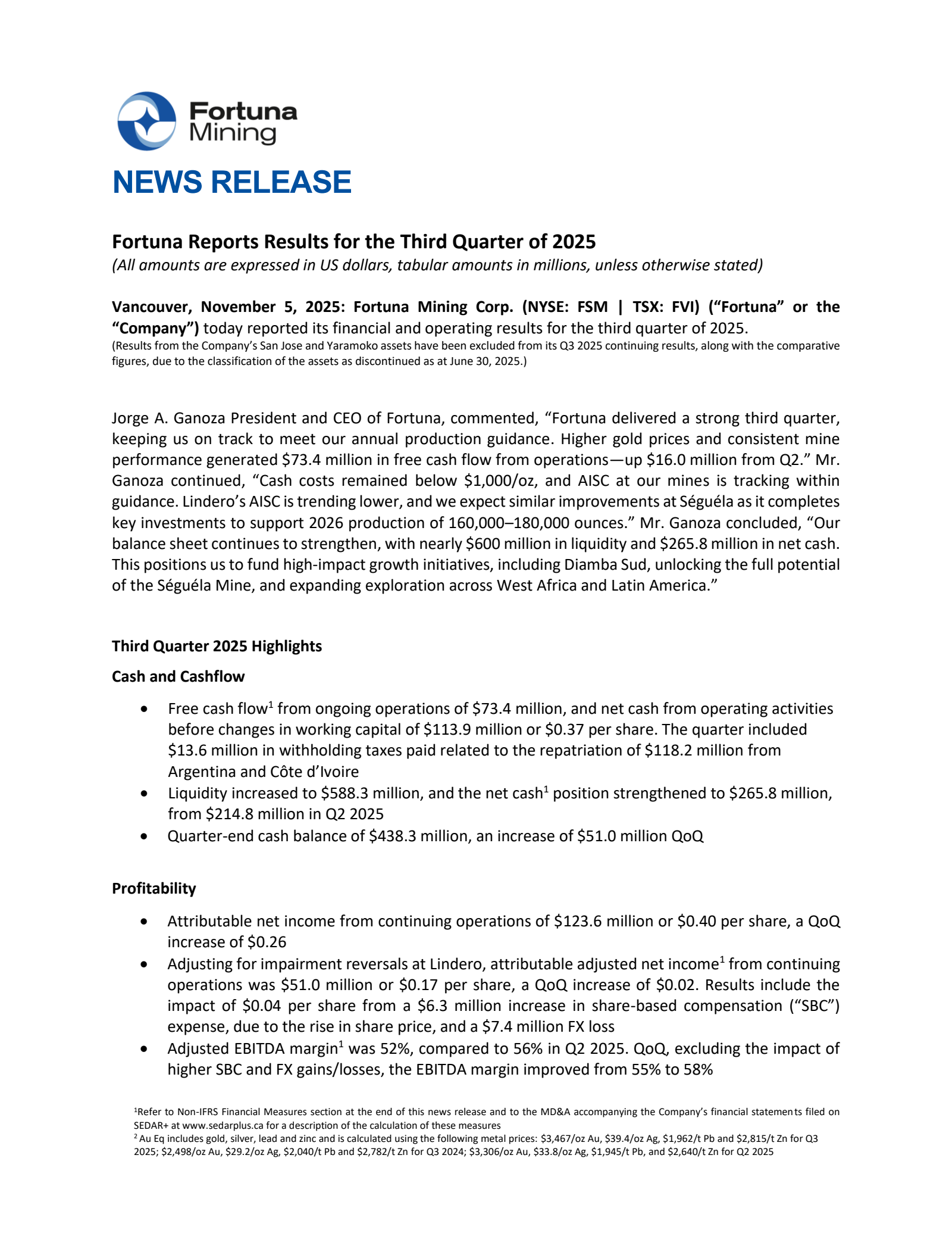 Fortuna Mining's Q3 2025 Earnings Release