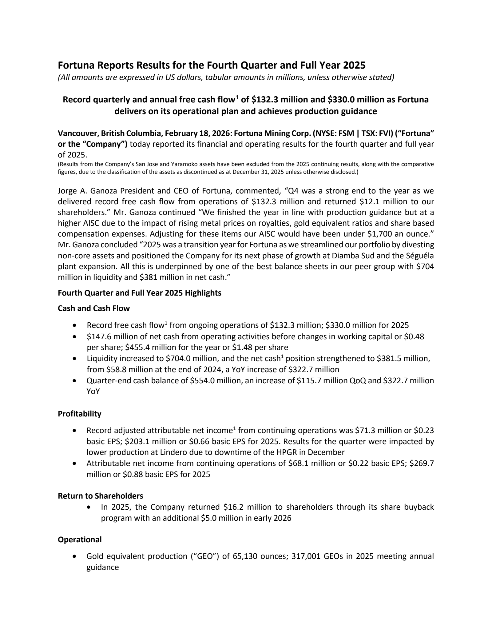 Fortuna Mining's Q4 2025 Press Release