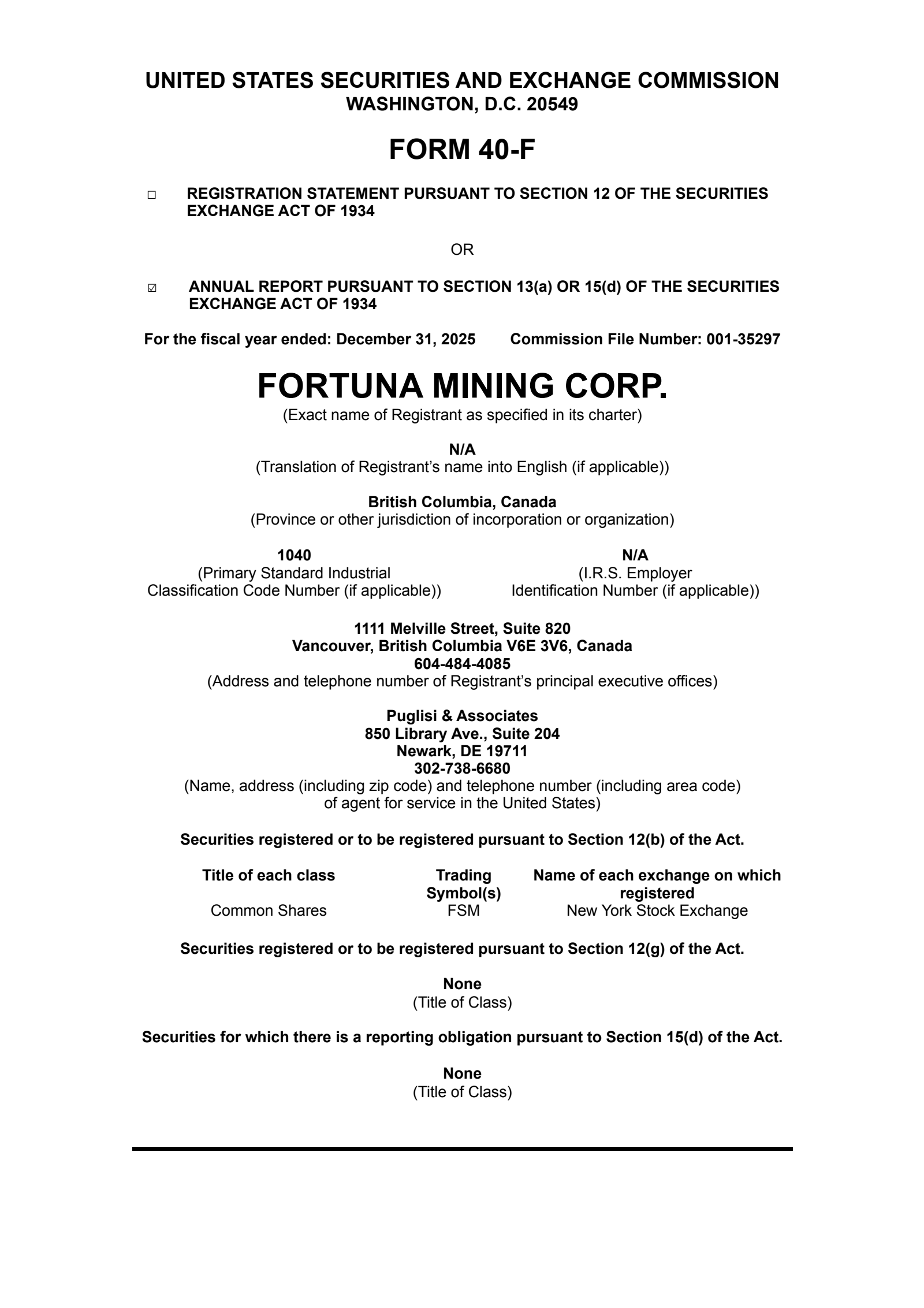 Fortuna Mining's Q4 2025 Annual report