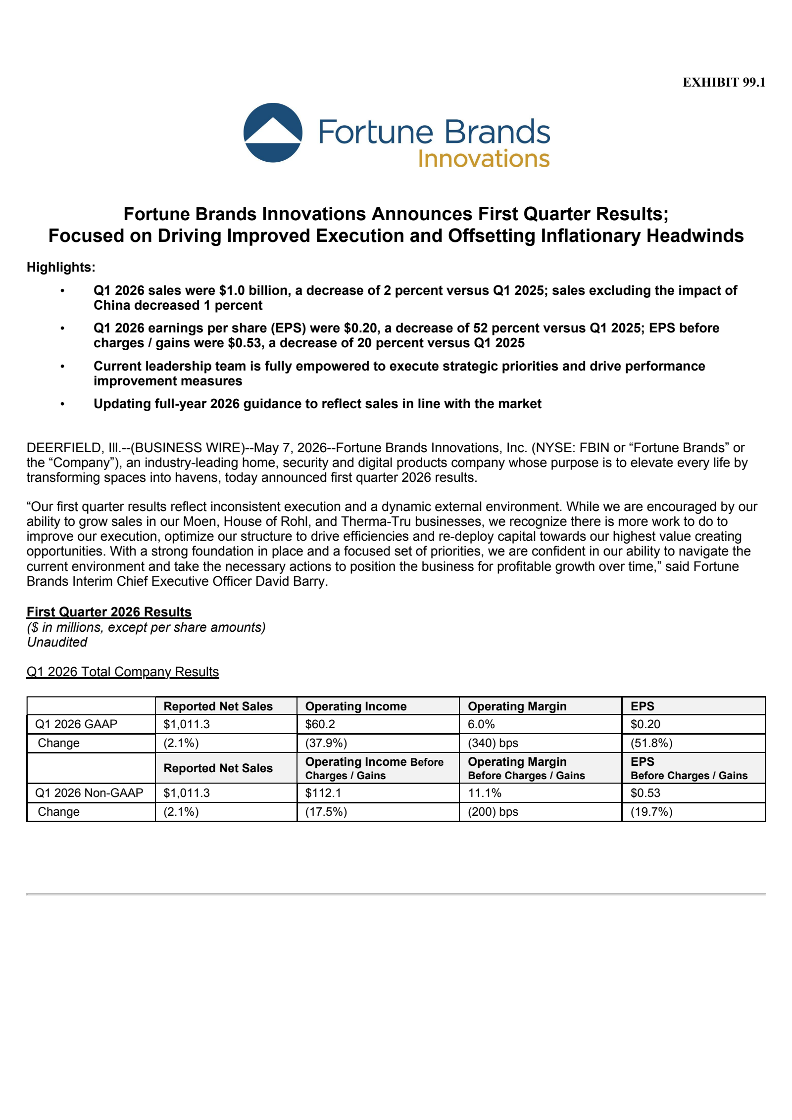 Fortune Brands Innovations' Q1 2026 Press Release