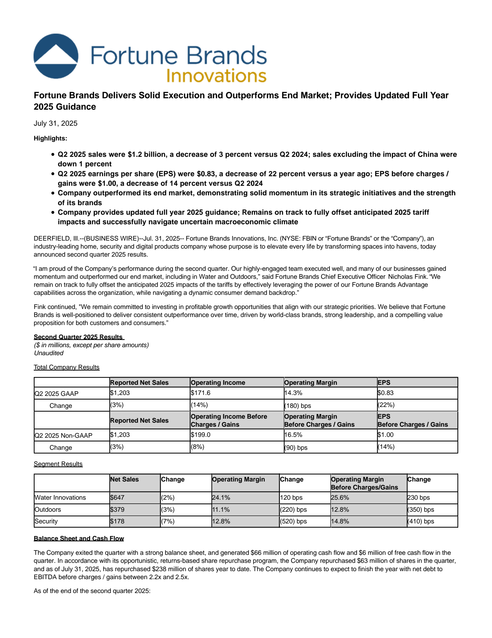 Fortune Brands Innovations' Q2 2025 Press Release