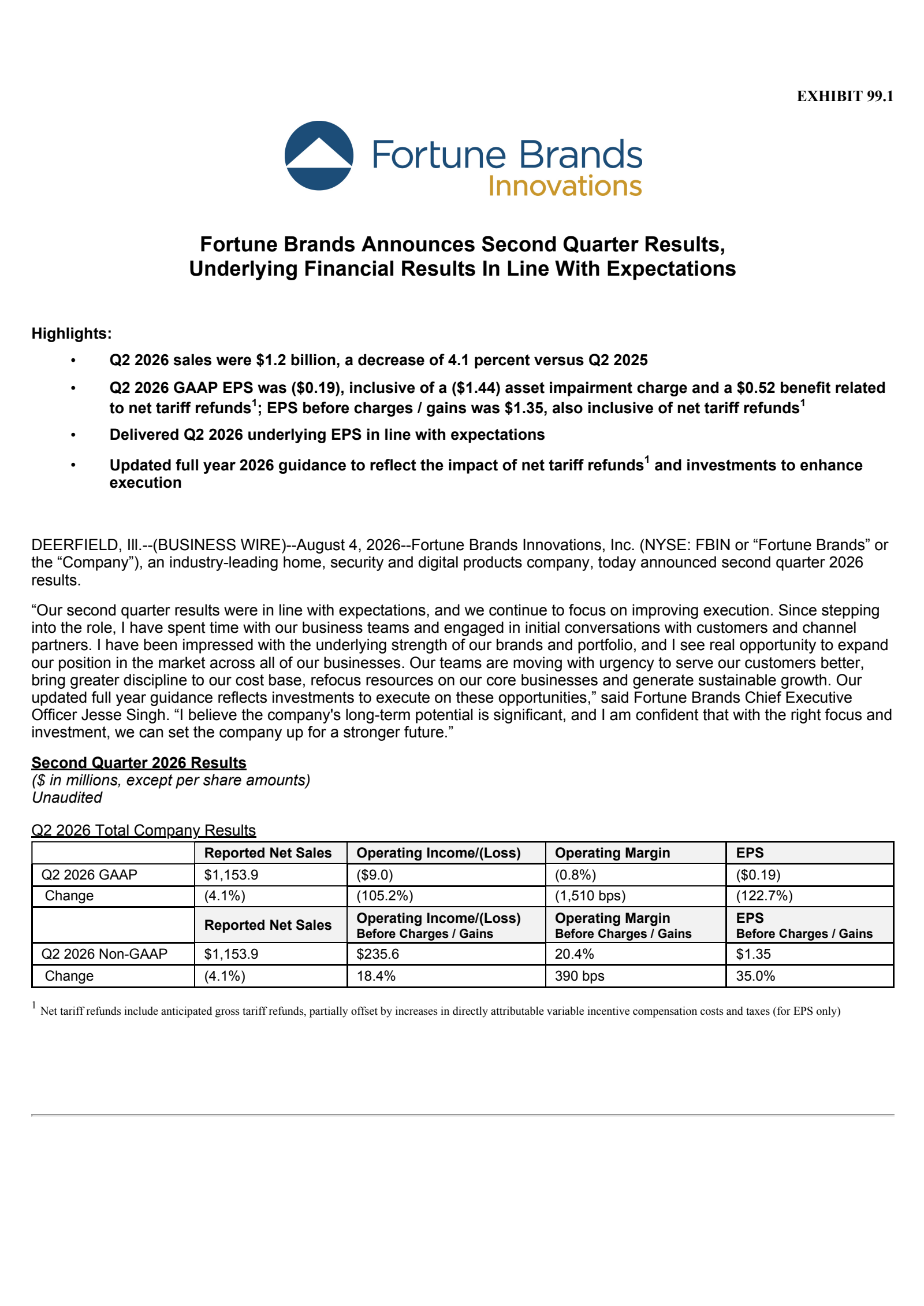 Fortune Brands Innovations' Q2 2026 Press Release