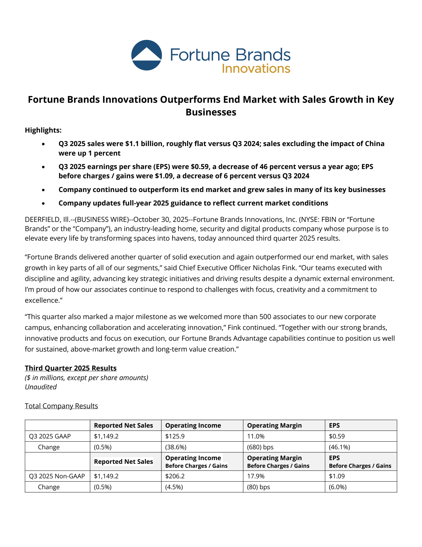 Fortune Brands Innovations' Q3 2025 Earnings Release