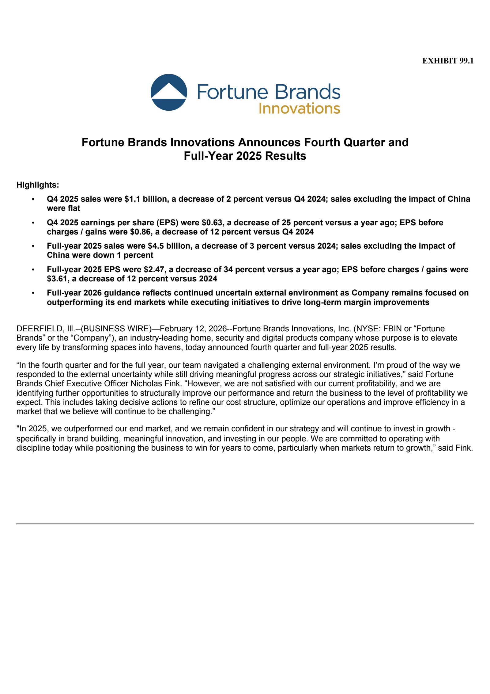 Fortune Brands Innovations' Q4 2025 Press Release