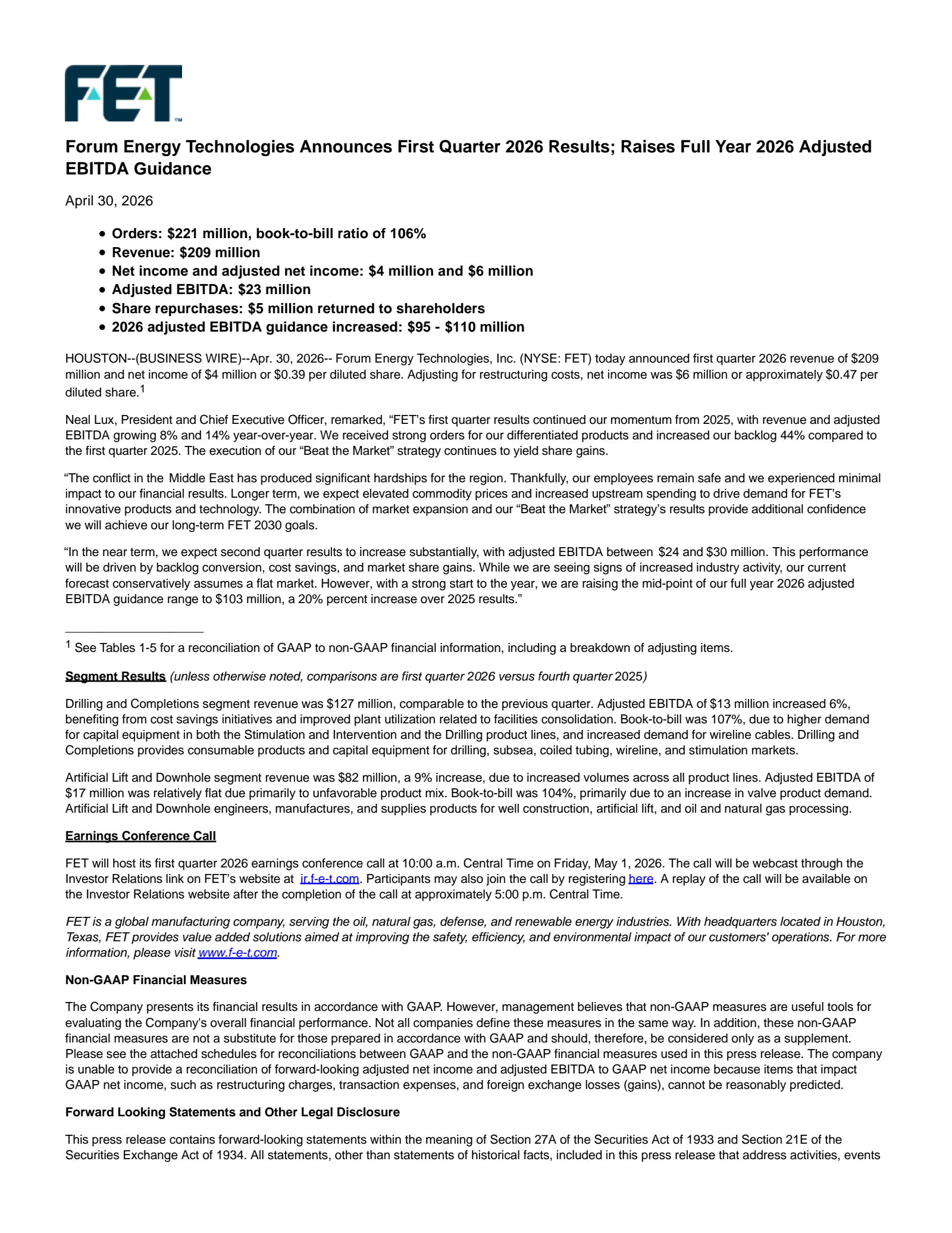 Forum Energy Technologies' Q1 2026 Press Release