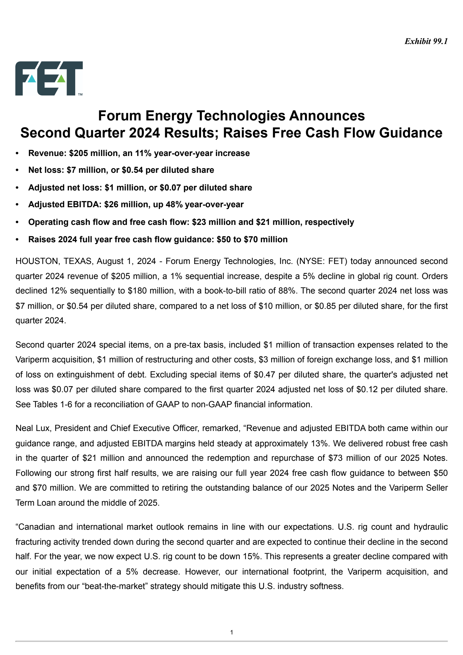 Forum Energy Technologies' Q2 2024 Press Release