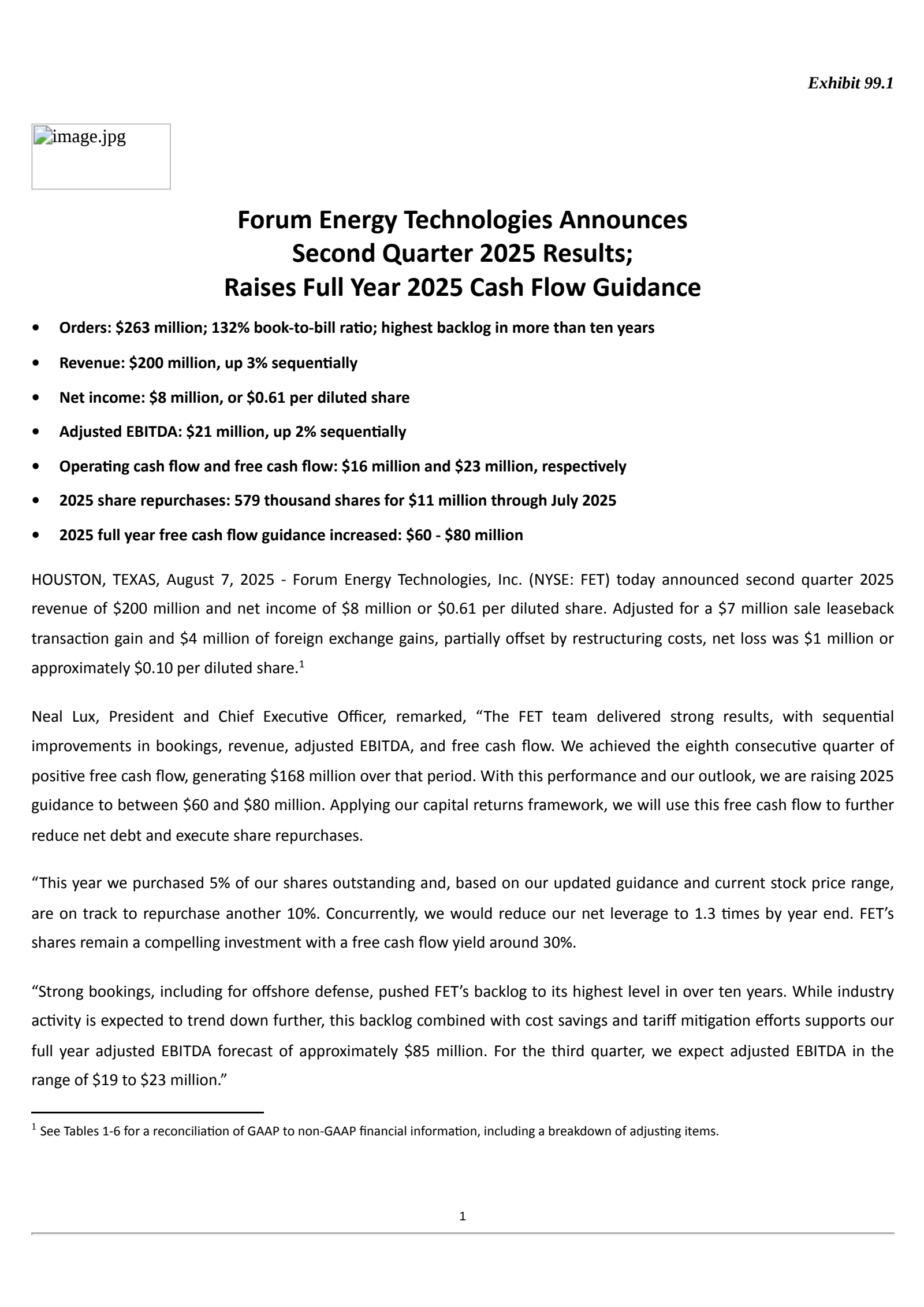 Forum Energy Technologies' Q2 2025 Press Release