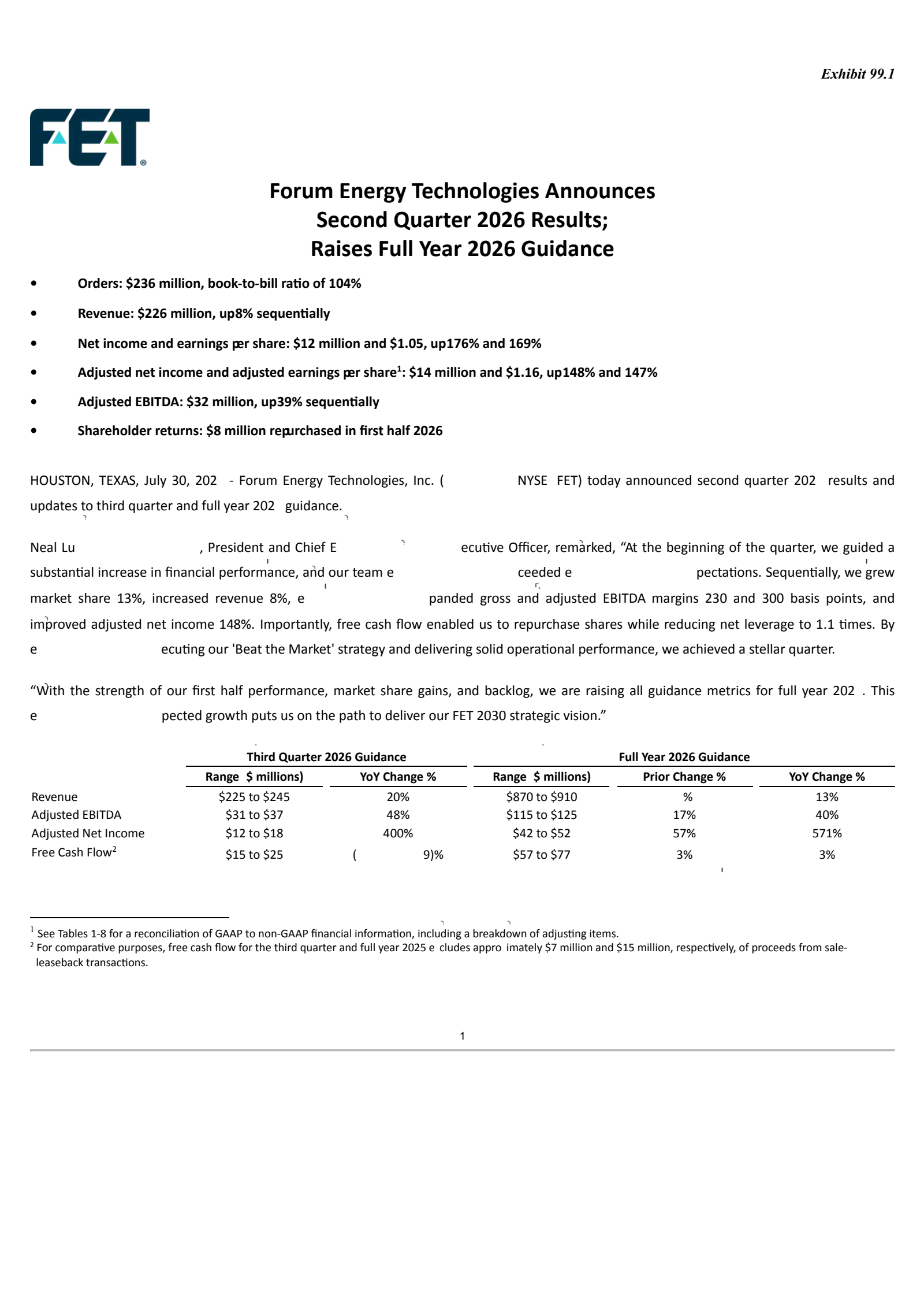 Forum Energy Technologies' Q2 2026 Press Release