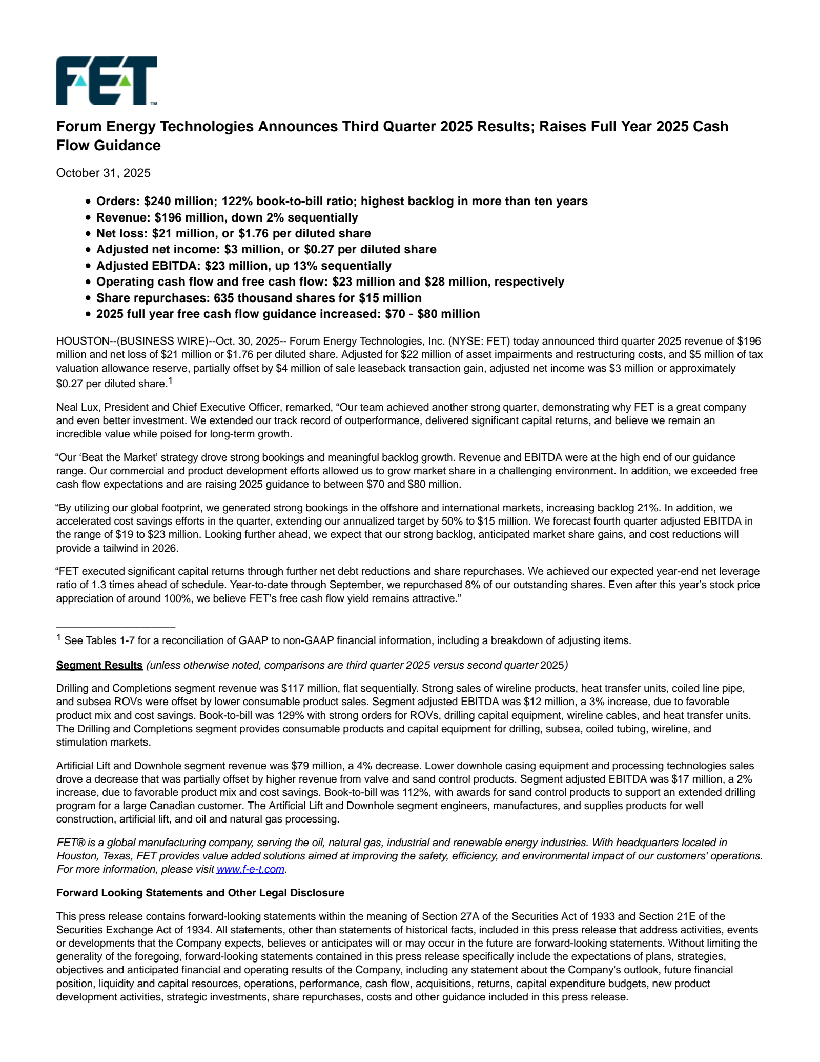 Forum Energy Technologies' Q3 2025 Earnings Release