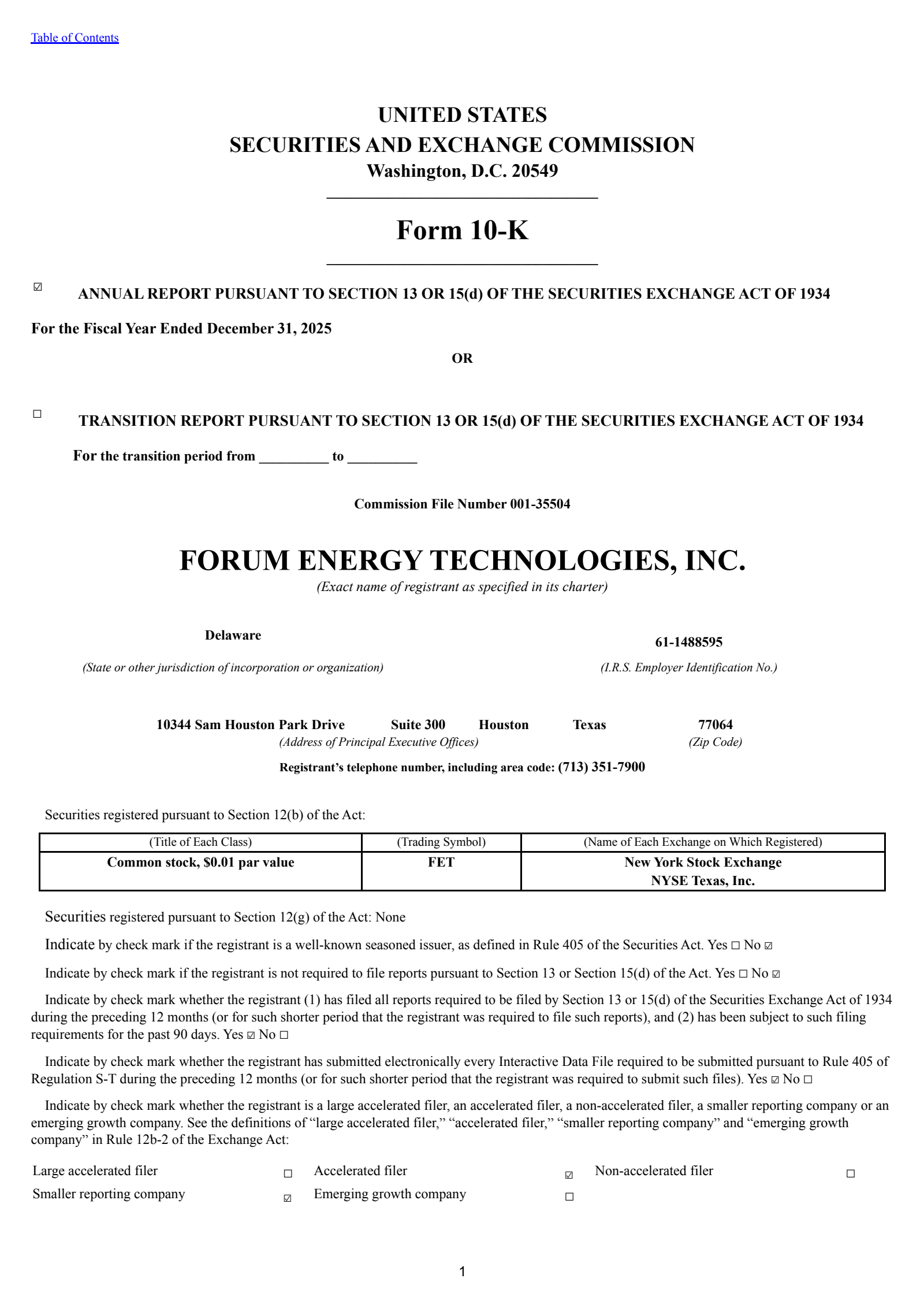 Forum Energy Technologies' Q4 2025 Annual report