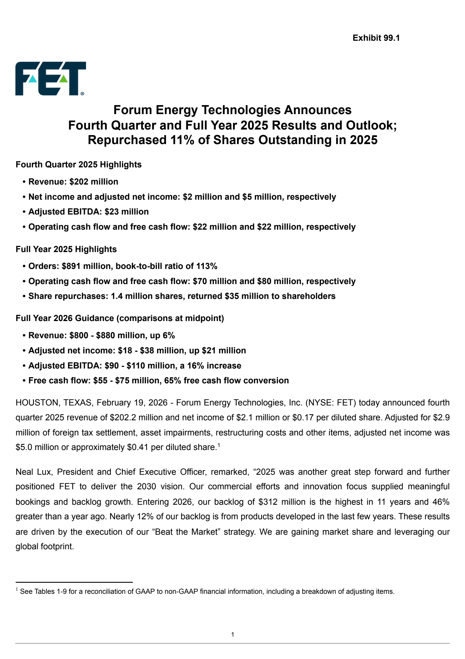 Forum Energy Technologies' Q4 2025 Press Release