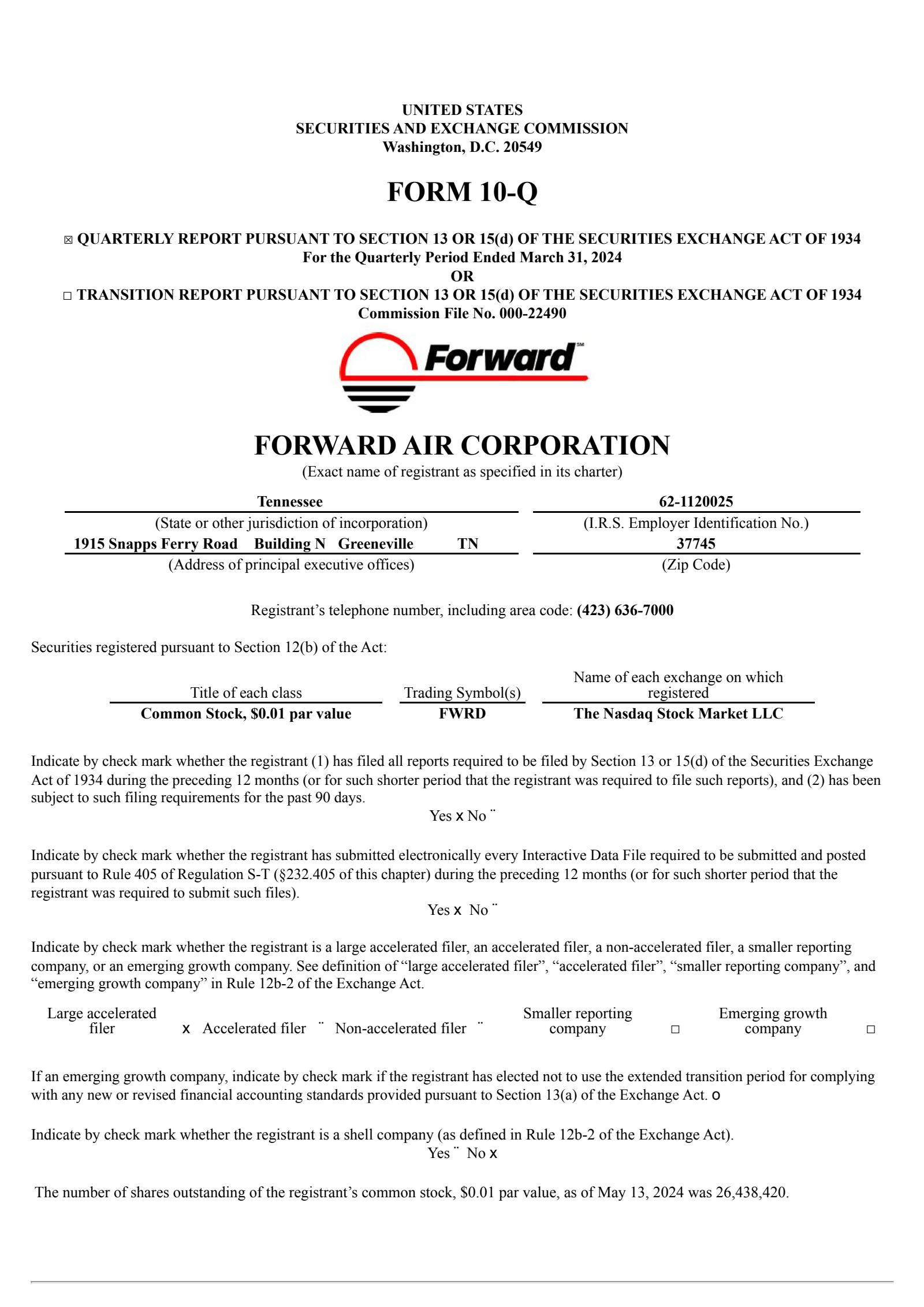 Forward Air's Q1 2024 Quarterly report