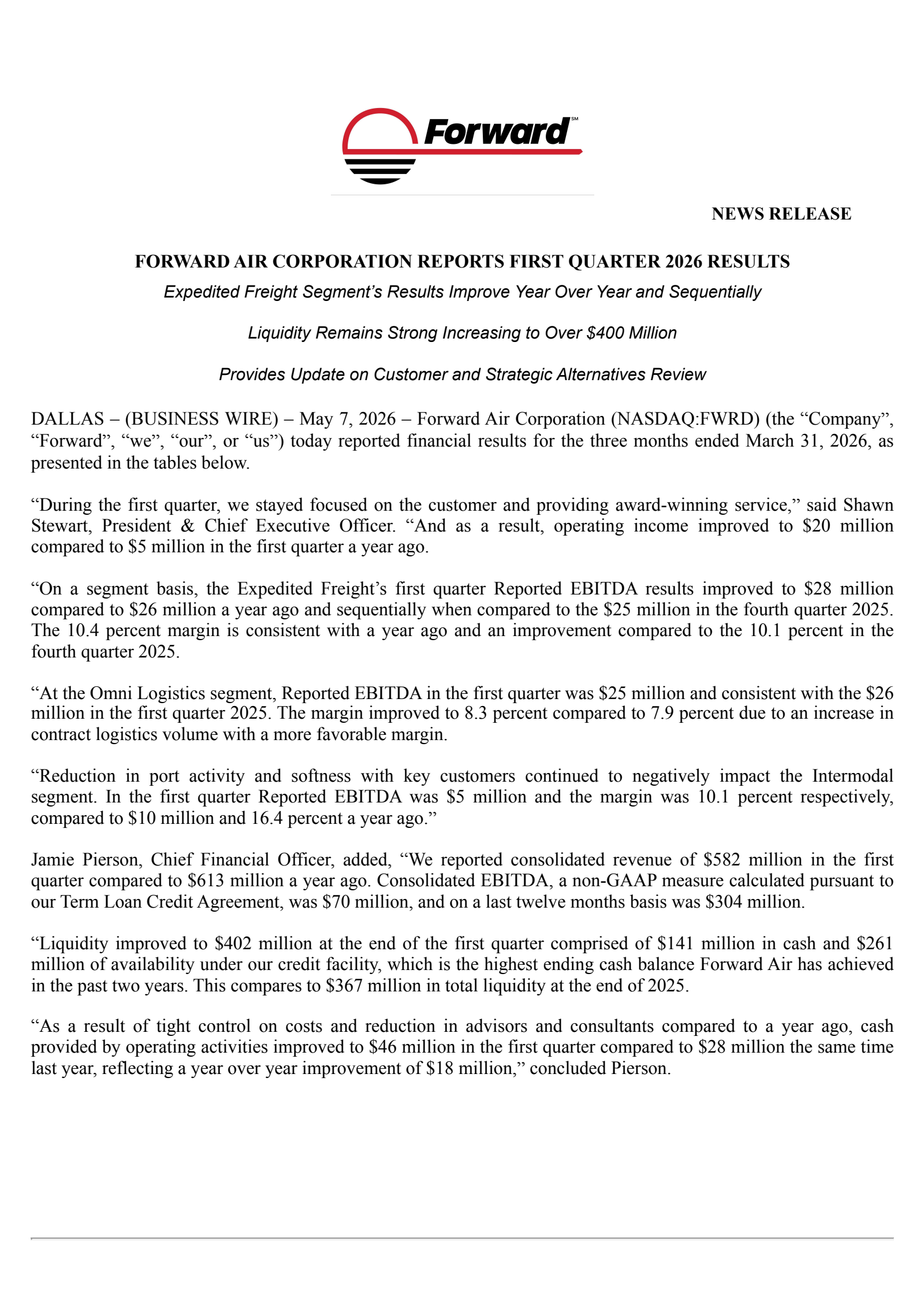 Forward Air's Q1 2026 Press Release